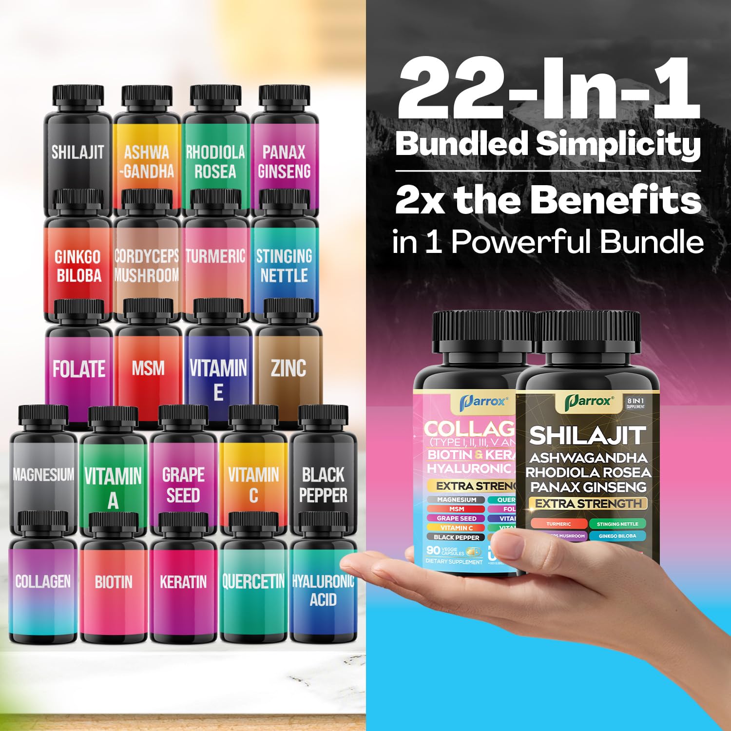 Parrox Adaptogen & Beauty Bundle – Rhodiola, Panax Ginseng, Ashwagandha, Cordyceps, Turmeric, Collagen, Biotin, Keratin, MSM, Hyaluronic Acid, Zinc, Quercetin, Vitamin C, A & E, Folate, Magnesium ParroxAu supplements