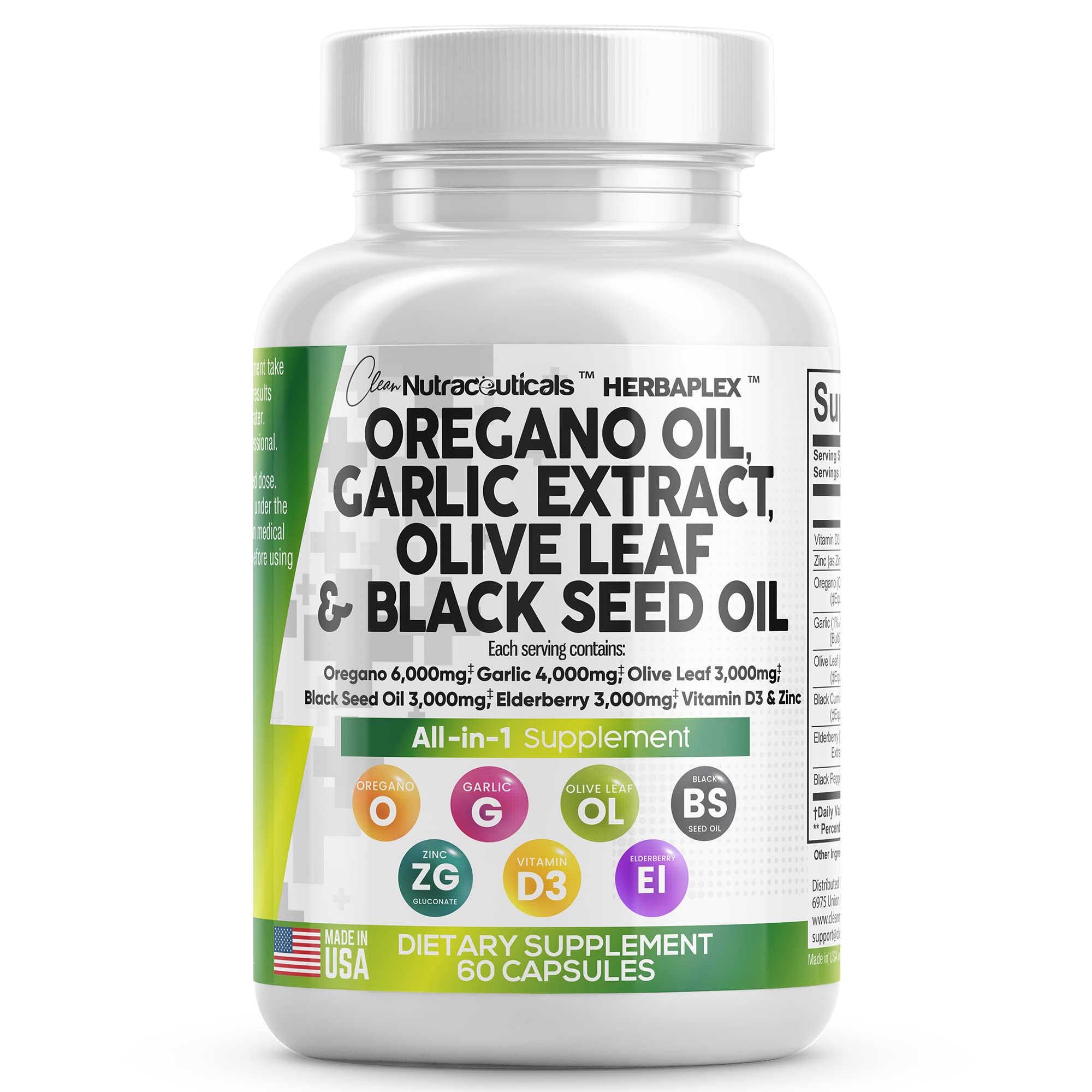 Oregano Oil 6000mg Garlic Extract 4000mg Olive Leaf 3000mg Black Seed Clean NutraceuticalsUS supplements