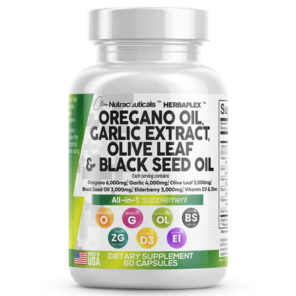 Oregano Oil 6000mg Garlic Extract 4000mg Olive Leaf 3000mg Black Seed Clean NutraceuticalsUS supplements