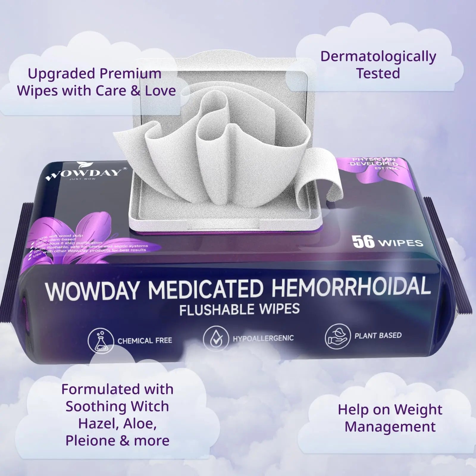 Wowday Flushable Hemorrhoid Wipes | Maximum Strength Witch Hazel Wipes | 56 Count Fragrance Free Adult Hemorrhoids Medicated Witch Hazels Wipe for Butt Hemorrhoidal Itch WowDayAu supplements