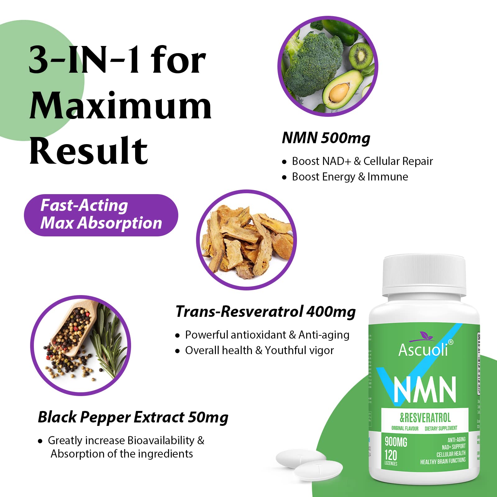 Sublingual NMN 500mg + Trans-Resveratrol 400mg, 3-in-1 Advanced Formula 99% Pure NMN Resveratrol Supplement for Boost* NAD, Cell, Immune, Energy & Muscle, Anti-Aging, 120 Lozenges (120-Day Supply) AscuoliAu supplements