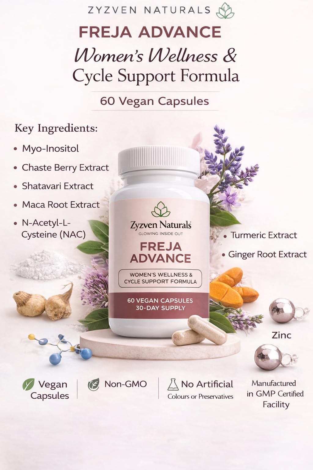 Zyzven Naturals Freja Advance – Women’s Wellness & Cycle Support Supplement – Myo-Inositol, Maca, Vitex, Shatavari, NAC, Zinc & Chromium – 60 Vegan Capsules – 30 Day Supply Zyzven NaturalsAu supplements