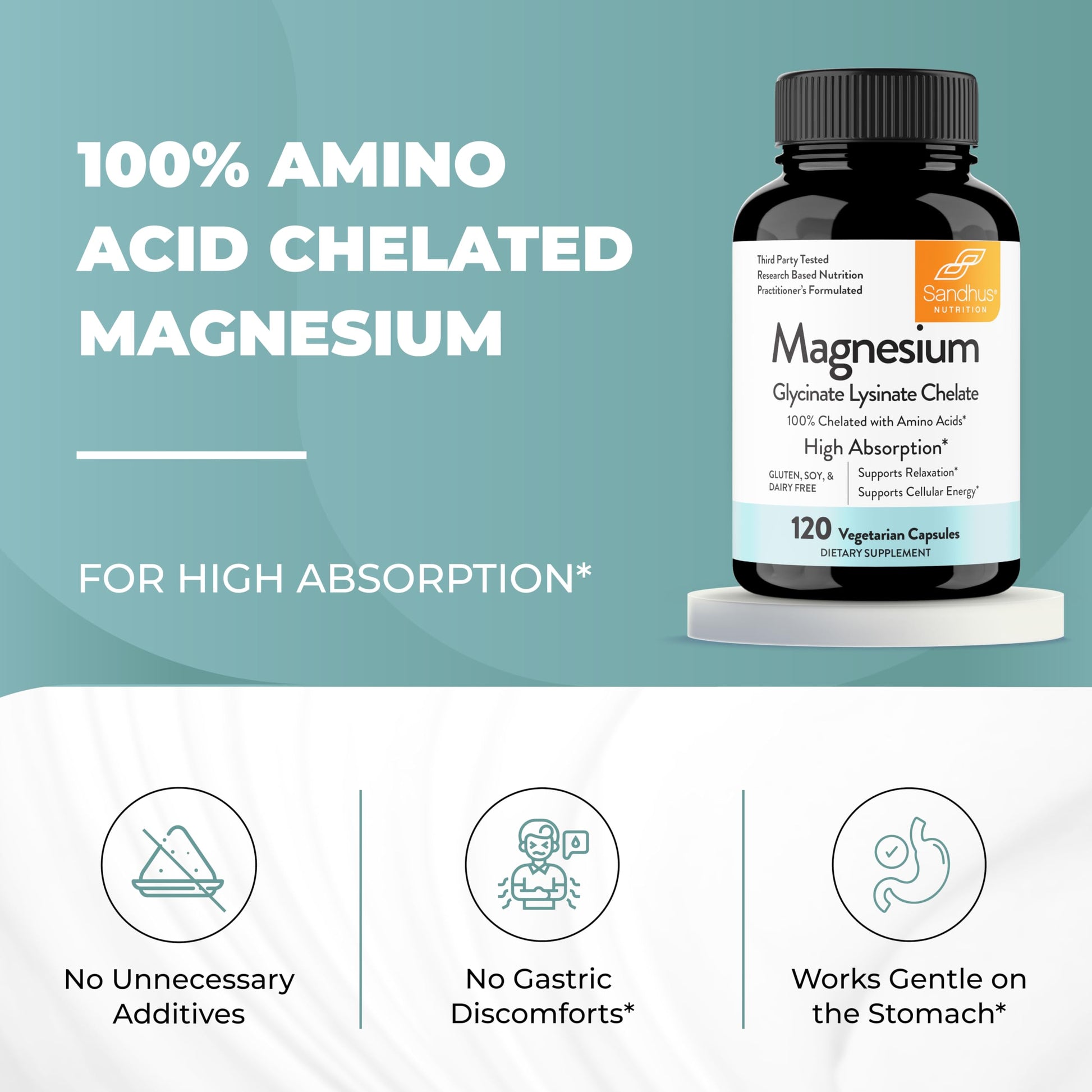 Sandhu's Magnesium Glycinate Lysinate | 120 Easy to Swallow Chelated Vegan Capsules | Magnesium Lysine Chelate Supplement for High Absorption | for Best Sleep, Leg Cramps, Relaxation Sandhu'sAu supplements