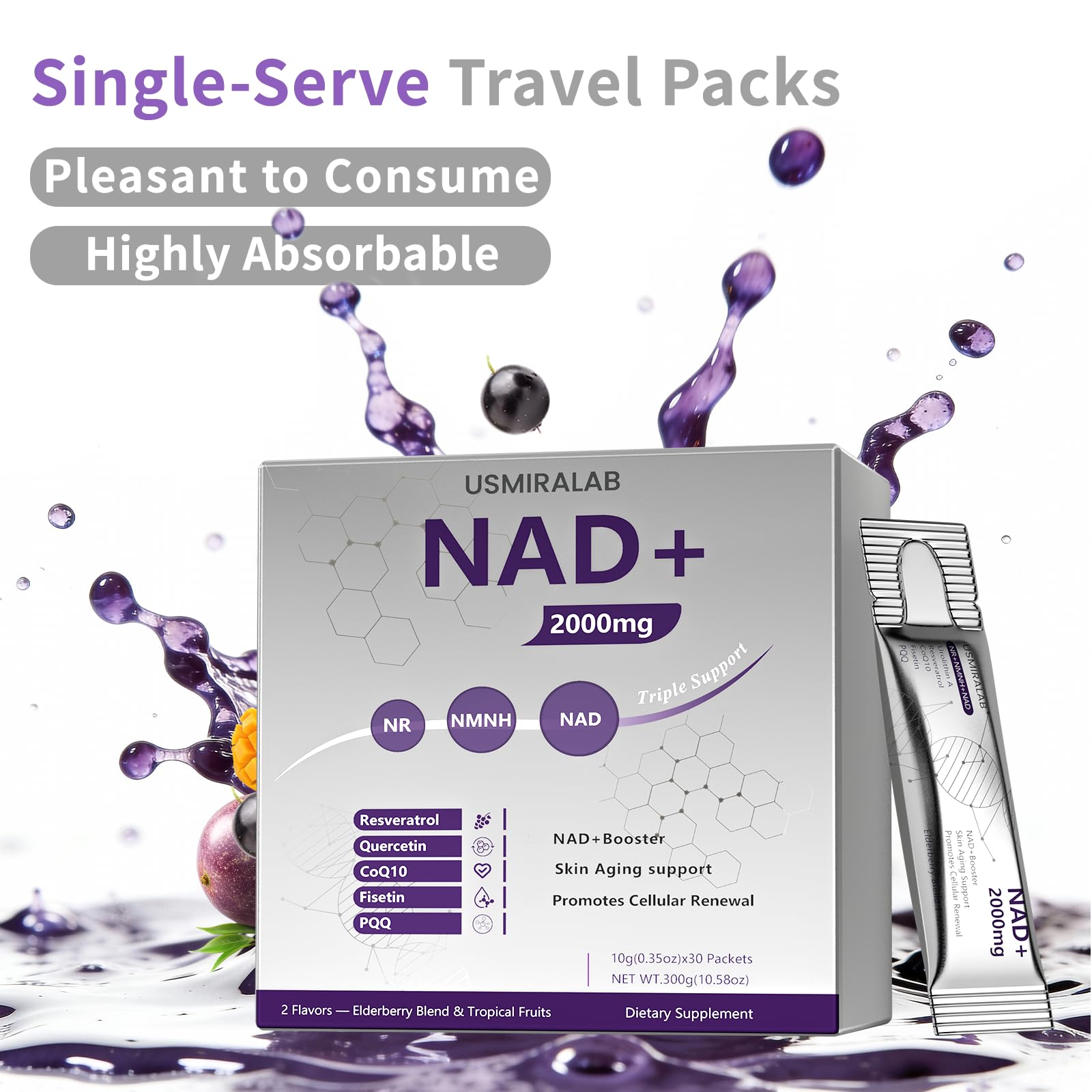 NAD+ Supplement Packets | 1000mg Liquid | Advanced Nicotinamide Riboside, Trans-Resveratrol, PQQ & Quercetin Complex for Cellular Energy & Healthy Aging Support - 2 Flavors (30 Count) USMIRALABAu supplements