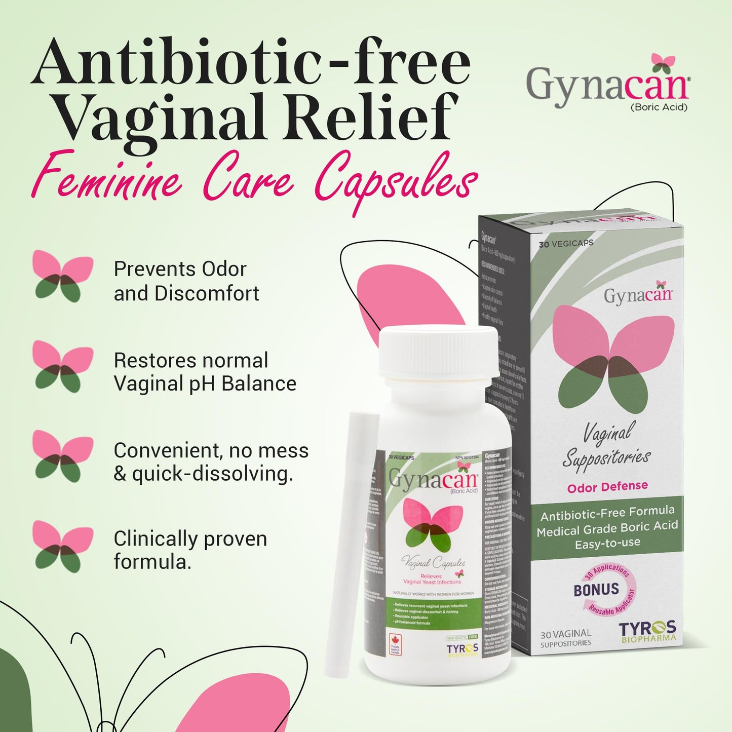 Gynacan Boric Acid Suppositories for Women - pH Balance Vaginal Treatment for Women Odor Prevention, Pure Formula, No-Mess Applicator, Gentle & Effective GynacanUS supplements