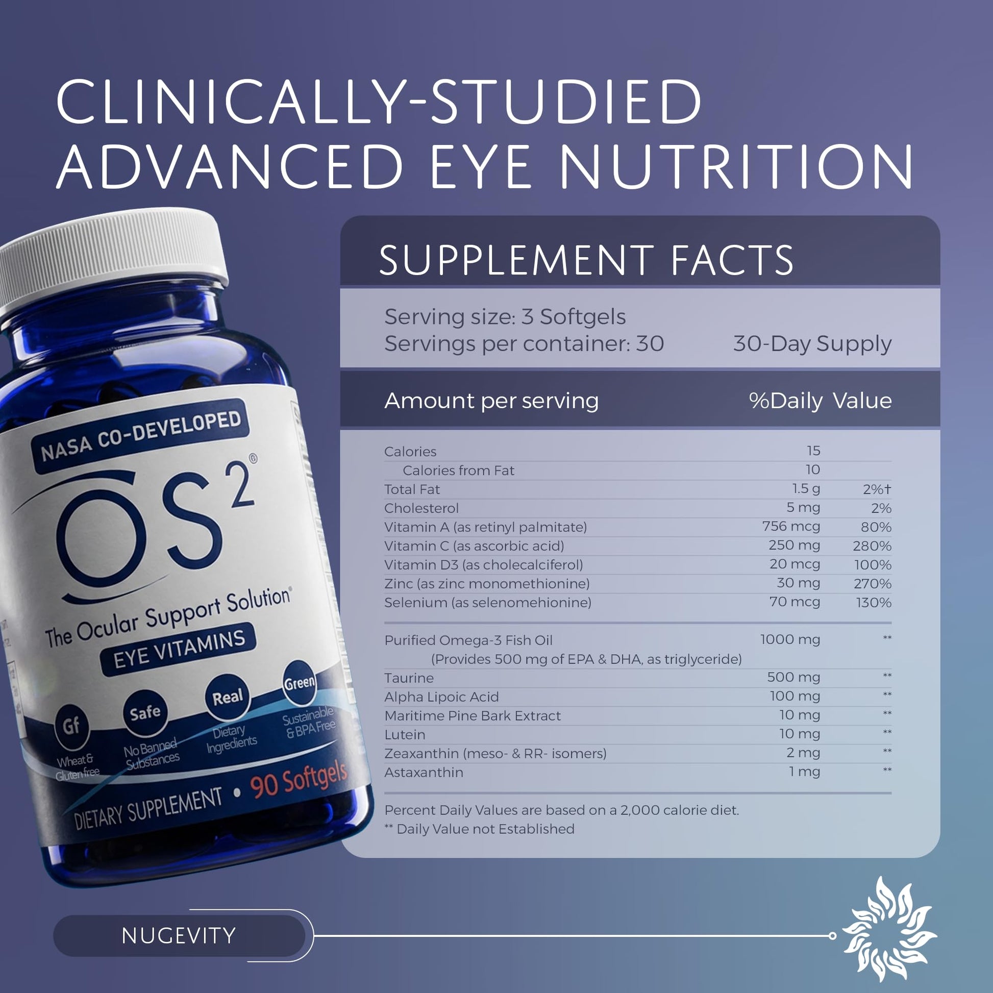 Nugevity OS2 Ocular Support Solution - Patented Eye Vitamins for Macular Health, Dry Eye and Blue Light - Lutein, Zeaxanthin, Omega 3, Astaxanthin and AREDS2 Supplements, Co-Developed by NASA, 90 ct NugevityAu supplements