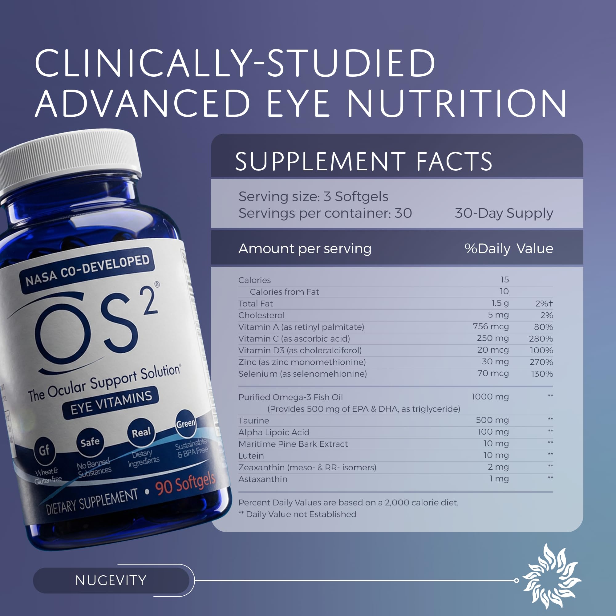 Nugevity OS2 Ocular Support Solution - Patented Eye Vitamins for Macular Health, Dry Eye and Blue Light - Lutein, Zeaxanthin, Omega 3, Astaxanthin and AREDS2 Supplements, Co-Developed by NASA, 90 ct NugevityAu supplements