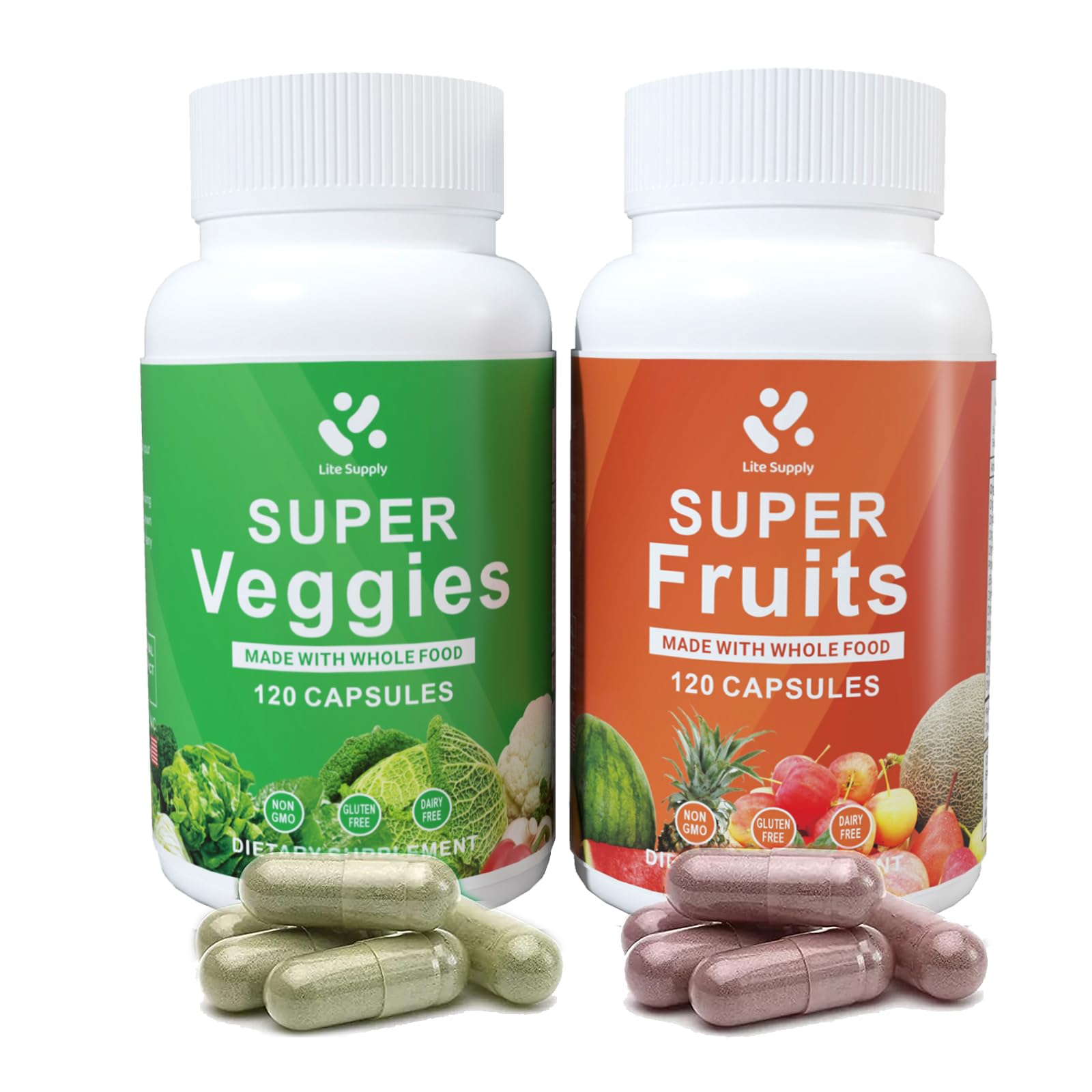 Lite Supply Fruits and Veggies Supplement 240 Caps - 120 Fruit and 120 Veggie Capsules - Whole Food & Natural Superfood Filled with Vitamins & Minerals for Women, Men Supports Energy Levels Lite SupplyAu supplements