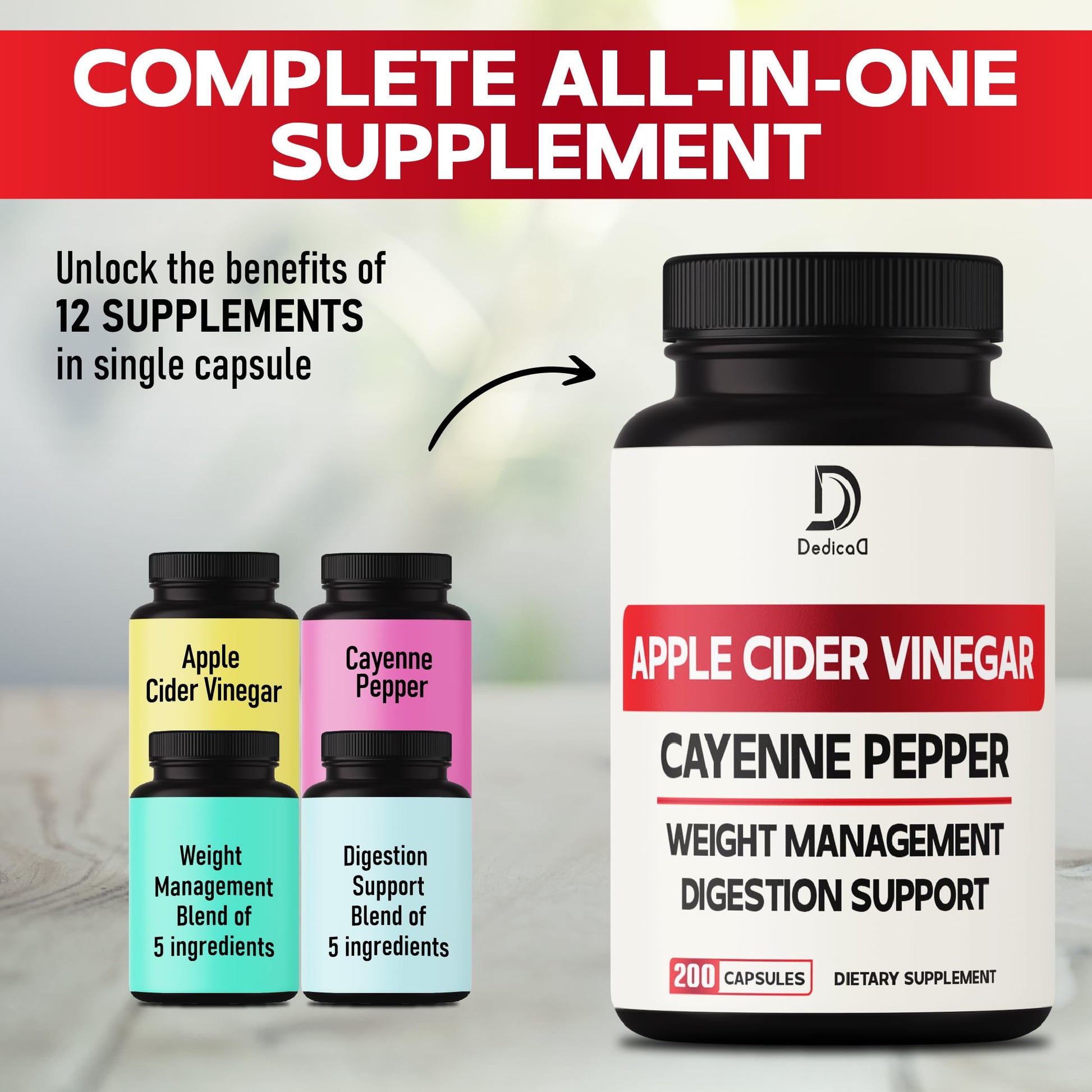 12in1 Apple Cider Vinegar Supplements - 200 Capsules with Cayenne Pepper, Grape Seed DEDICADAu supplements