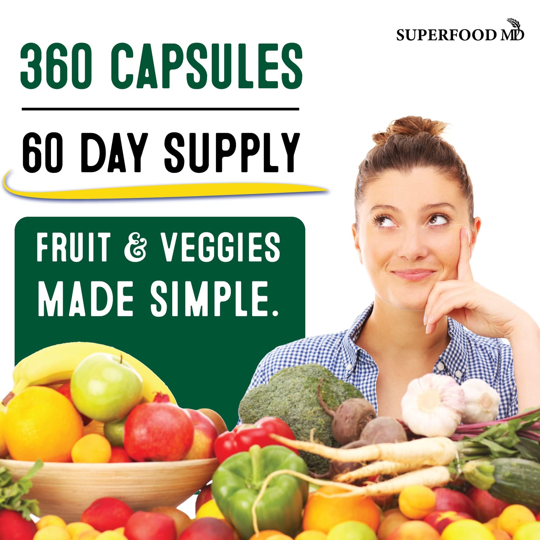 Superfood Fruit and Veggie Supplement - 360 Whole Super Fruit and Vegetable Supplements & Vitamin with Beta-Carotene, Soy Free- 180 Count (Pack of 2) Superfood MDAu supplements