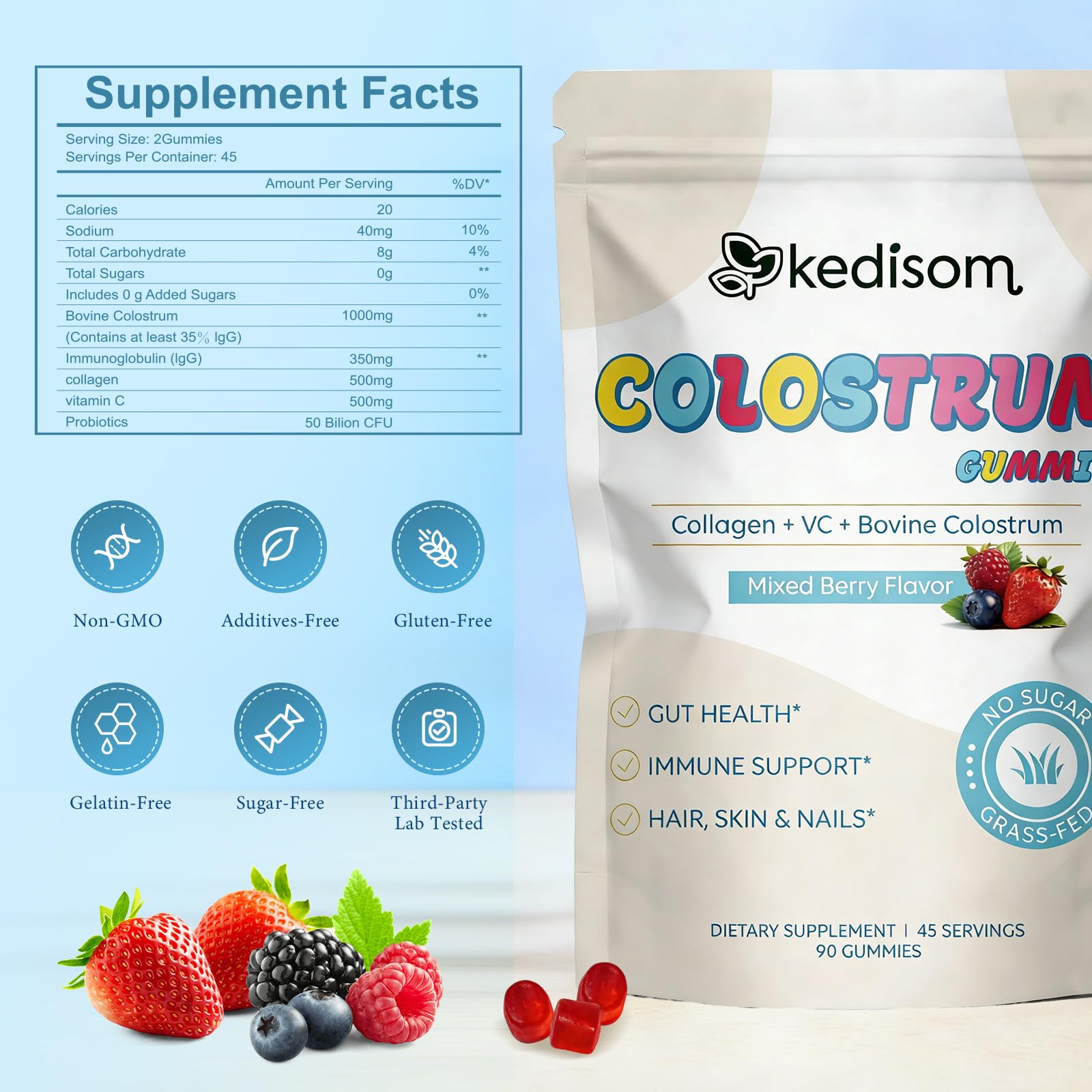 KEDISOM Colostrum Gummies, Grass Fed Colostrum Supplement, 90 Bovine Colostrum Gummies, 45 Servings, Mixed Berry, Sugar-Free KEDISOMAu supplements