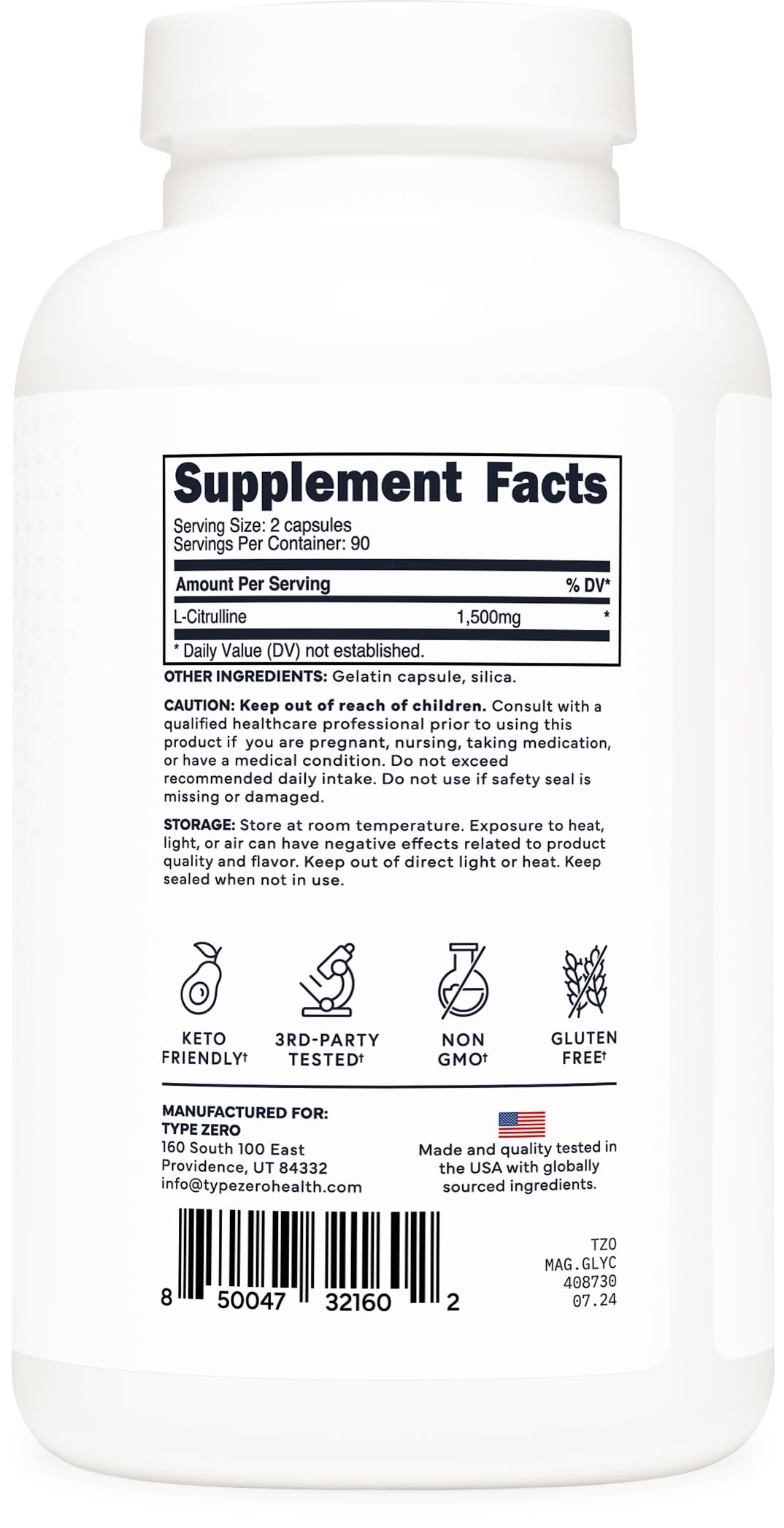 Type Zero L-Citrulline Capsules (180 Capsules) (1500 mg per Serving) - GMO-Free Type ZeroUS supplements