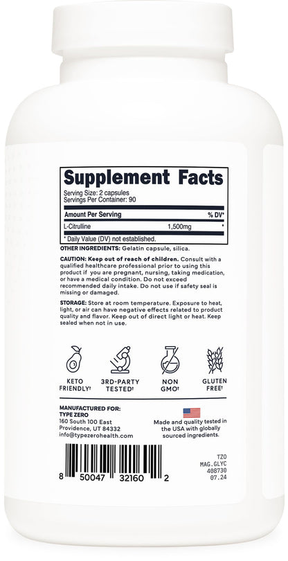 Type Zero L-Citrulline Capsules (180 Capsules) (1500 mg per Serving) - GMO-Free Type ZeroUS supplements