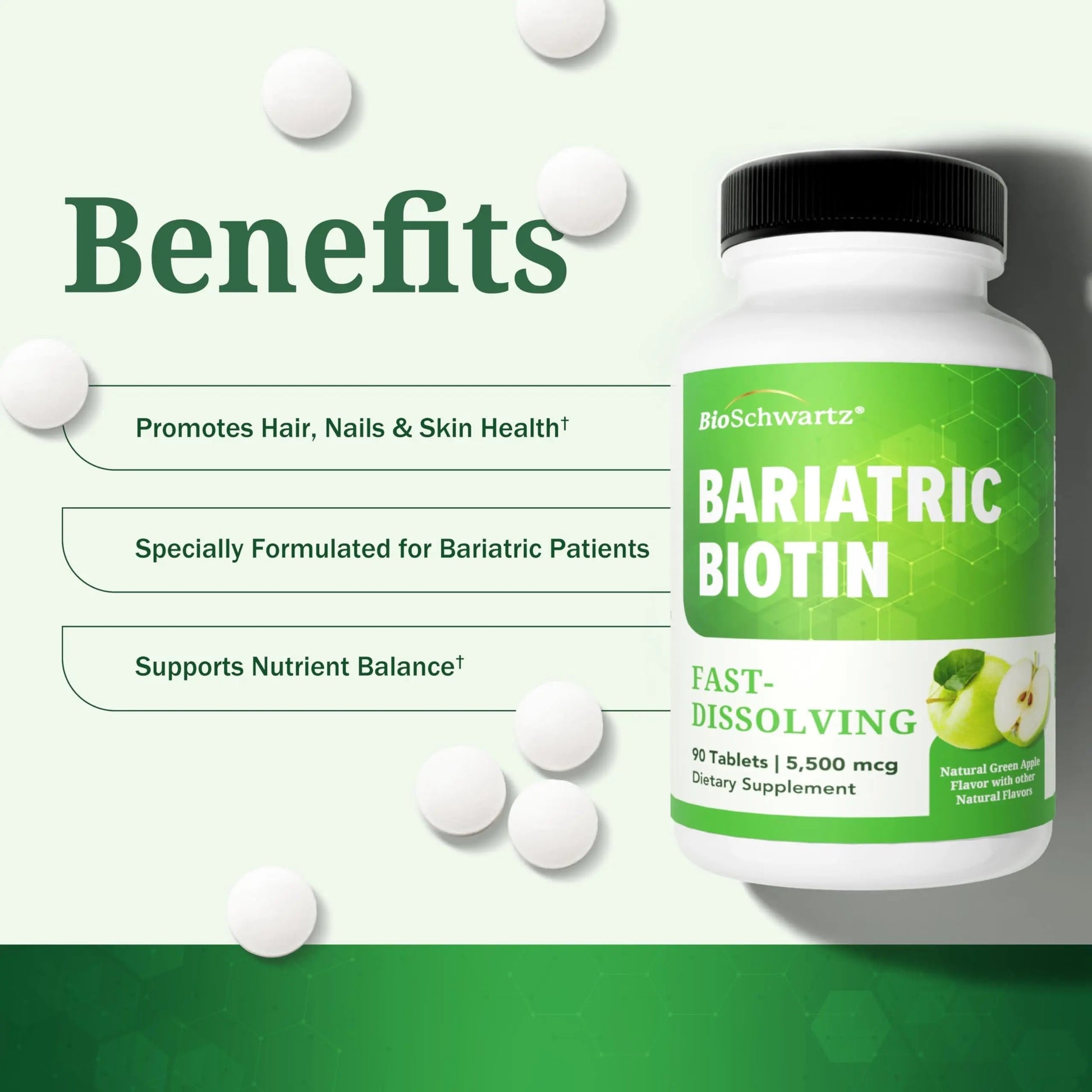 BioSchwartz Bariatric Biotin Chewable Tablets - 5500mcg Biotin per Serving - Green Apple Flavor, 3 Month Supply - Sugar-Free Hair Skin Nails Vitamins BioSchwartzAu supplements