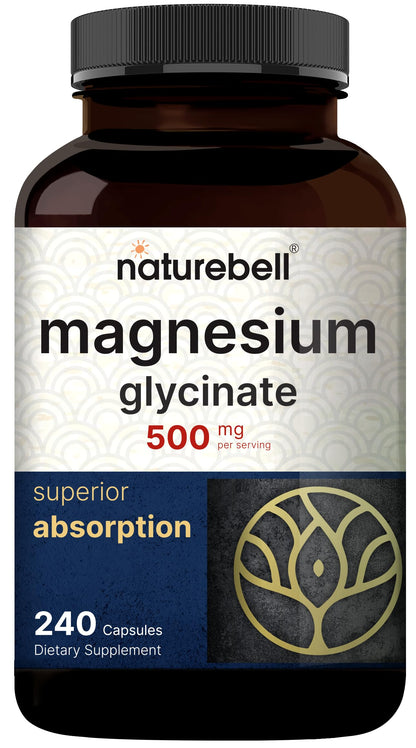 Magnesium Glycinate Capsules 500mg | 240 Count, 100% Chelated & Purified, 3rd Party NatureBellUS supplements