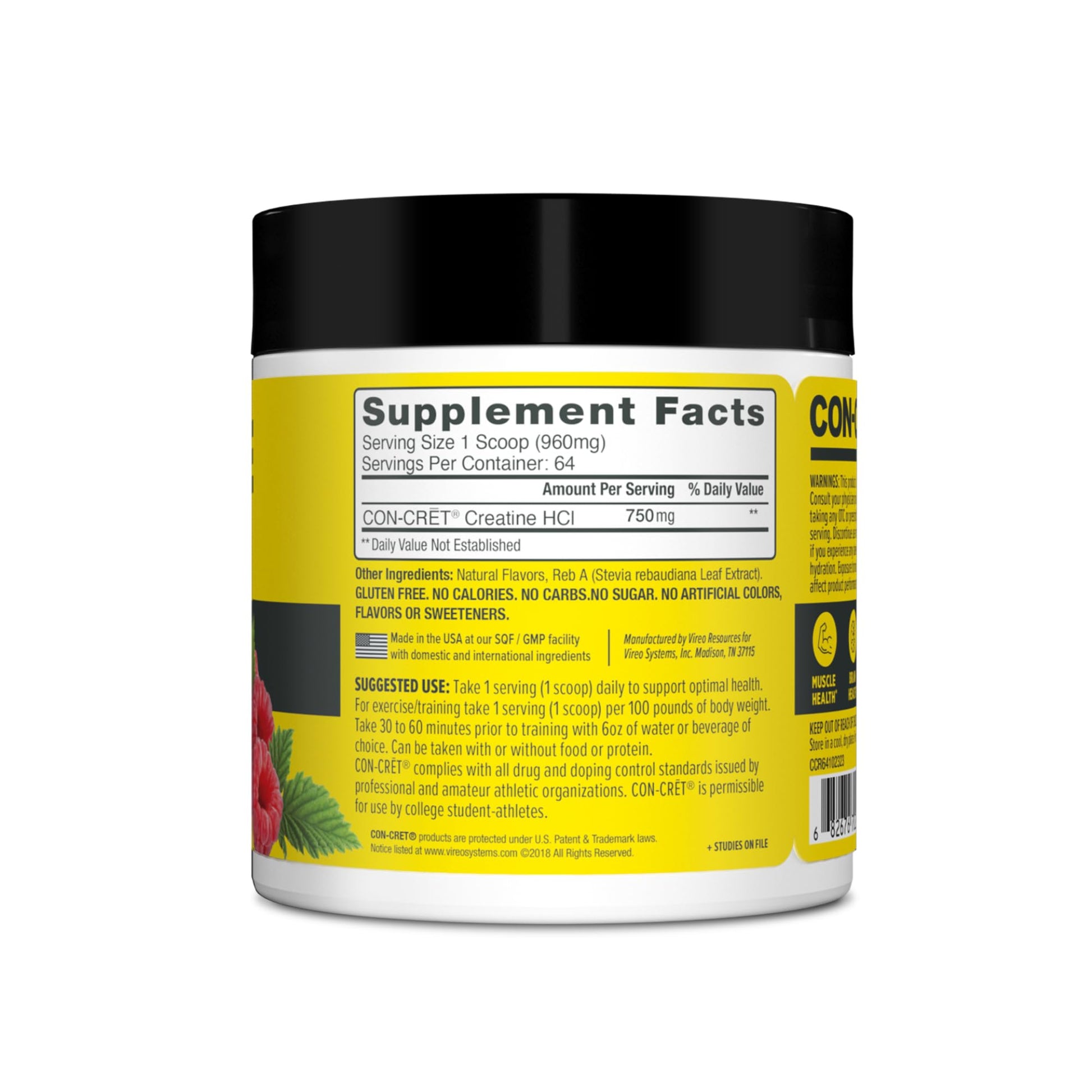 CON-CRET Creatine HCl Powder | Muscle, Cognitive, Cellular Energy Support | No Bloating or Cramps | USA Made & NSF Certified | Raspberry (64 Serving) CON-CRETAu supplements