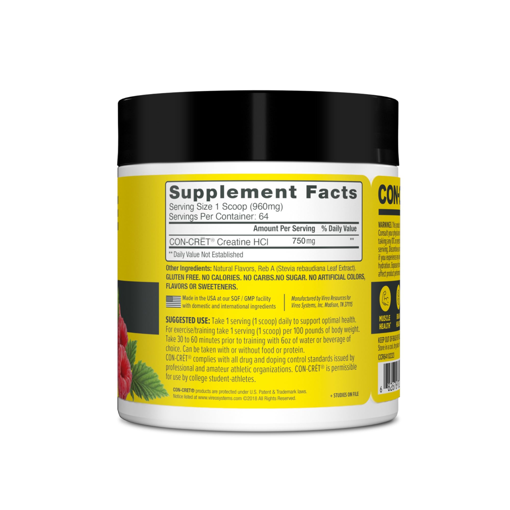 CON-CRET Creatine HCl Powder | Muscle, Cognitive, Cellular Energy Support | No Bloating or Cramps | USA Made & NSF Certified | Raspberry (64 Serving) CON-CRETAu supplements