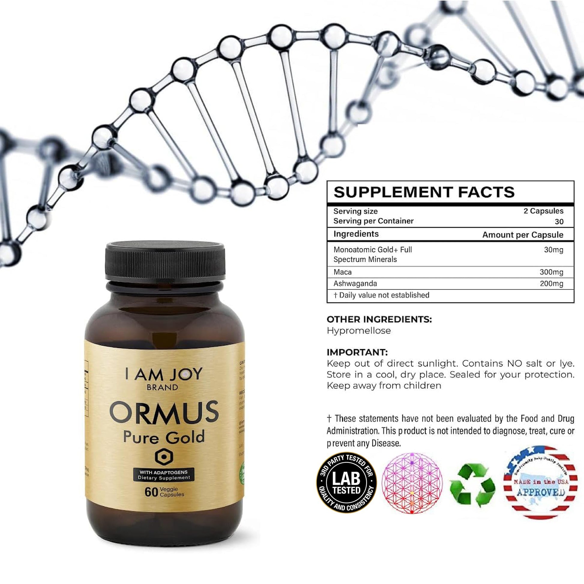 I Am Joy co. Ormus Gold Capsules Monoatomic Elements with Adaptogens Maca and Ashwaganda | May Help Balance Mood, Decalcify Pineal Gland, Repair DNA, Enhance Relaxation - 60 Vegan Capsules I Am Joy co.Au supplements