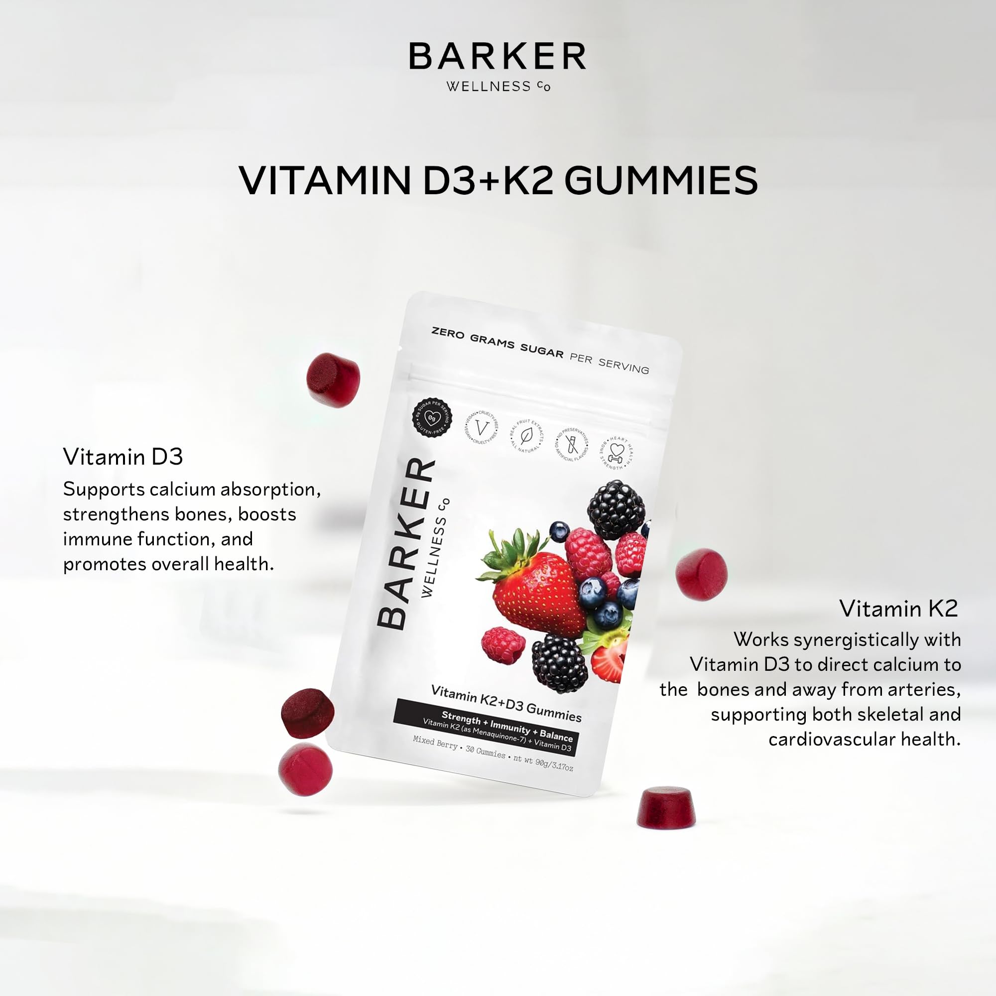 Barker Wellness D3 K2 Vitamin Gummies – Max Potency 6000IU D3 + 200mcg K2 for Strong Bones, Cardiovascular Wellness, Immune Support | Vegan, Sugar-Free, Delicious Mixed Berry | 30 Servings Barker Wellness CoAu supplements
