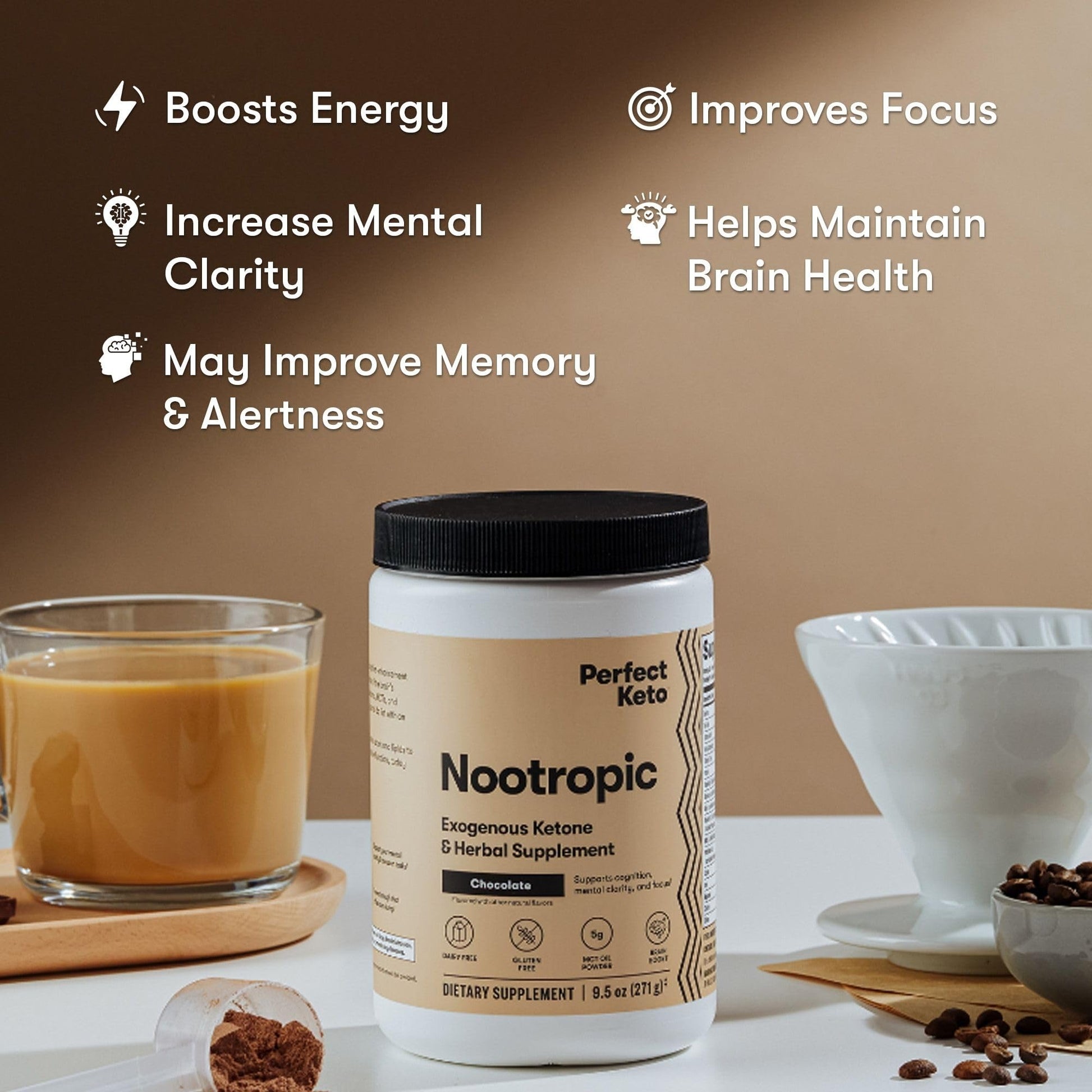 Perfect Keto Nootropic Brain Support, Caffeine Free Focus and Energy Supplement with Alpha Lipoic Acid, L Theanine, Ginkgo Biloba, Alpha GPC, MCT's, Collagen, Ketones, Chocolate Drink Mix, 15 Servings Perfect KetoAu supplements