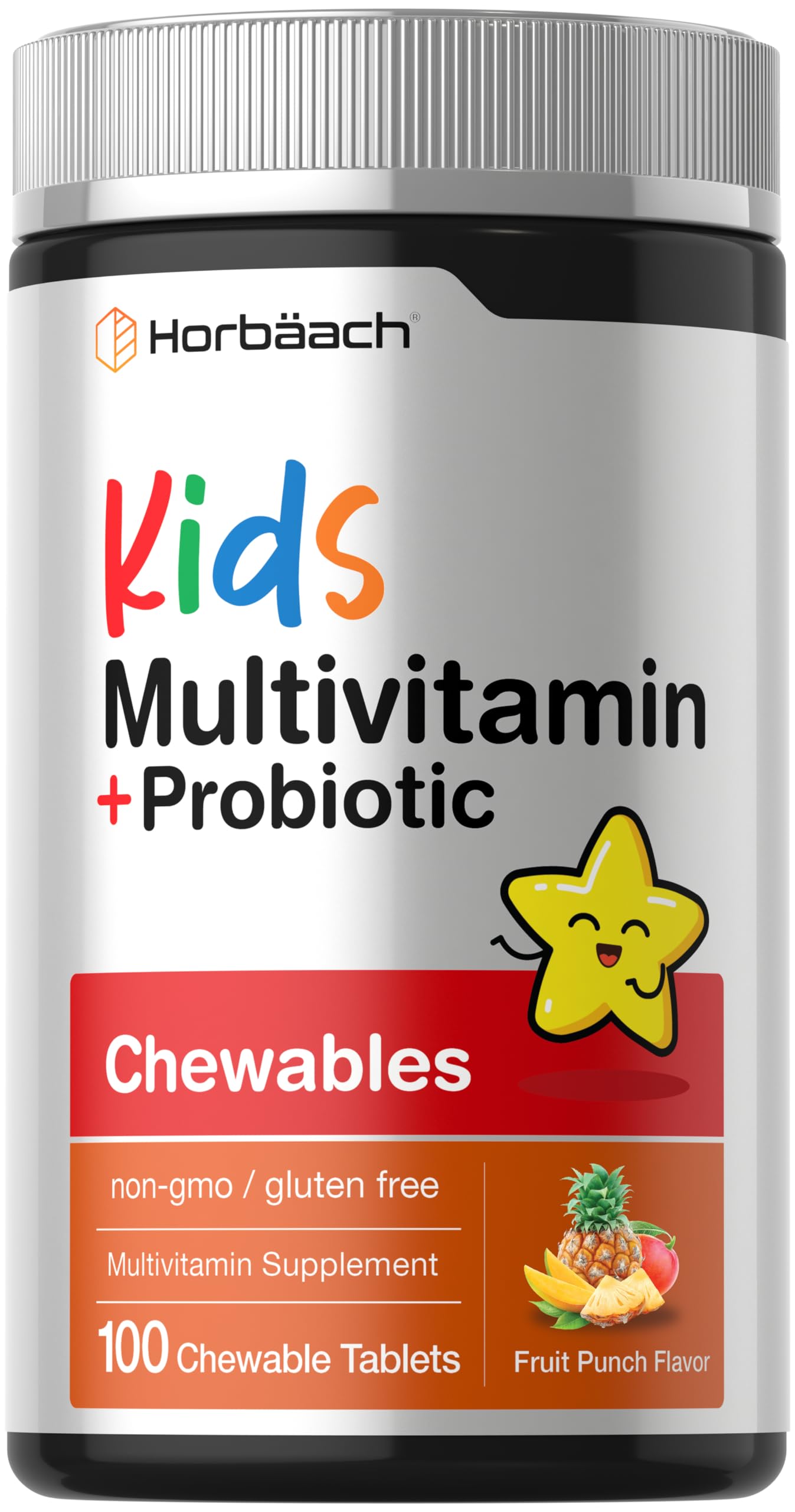 Horbäach Kids Multivitamin with Probiotics | 100 Chewable Tablets | Fruit Punch Flavor | Vegetarian, Non-GMO, Gluten Free Children's Supplement HorbäachAu supplements