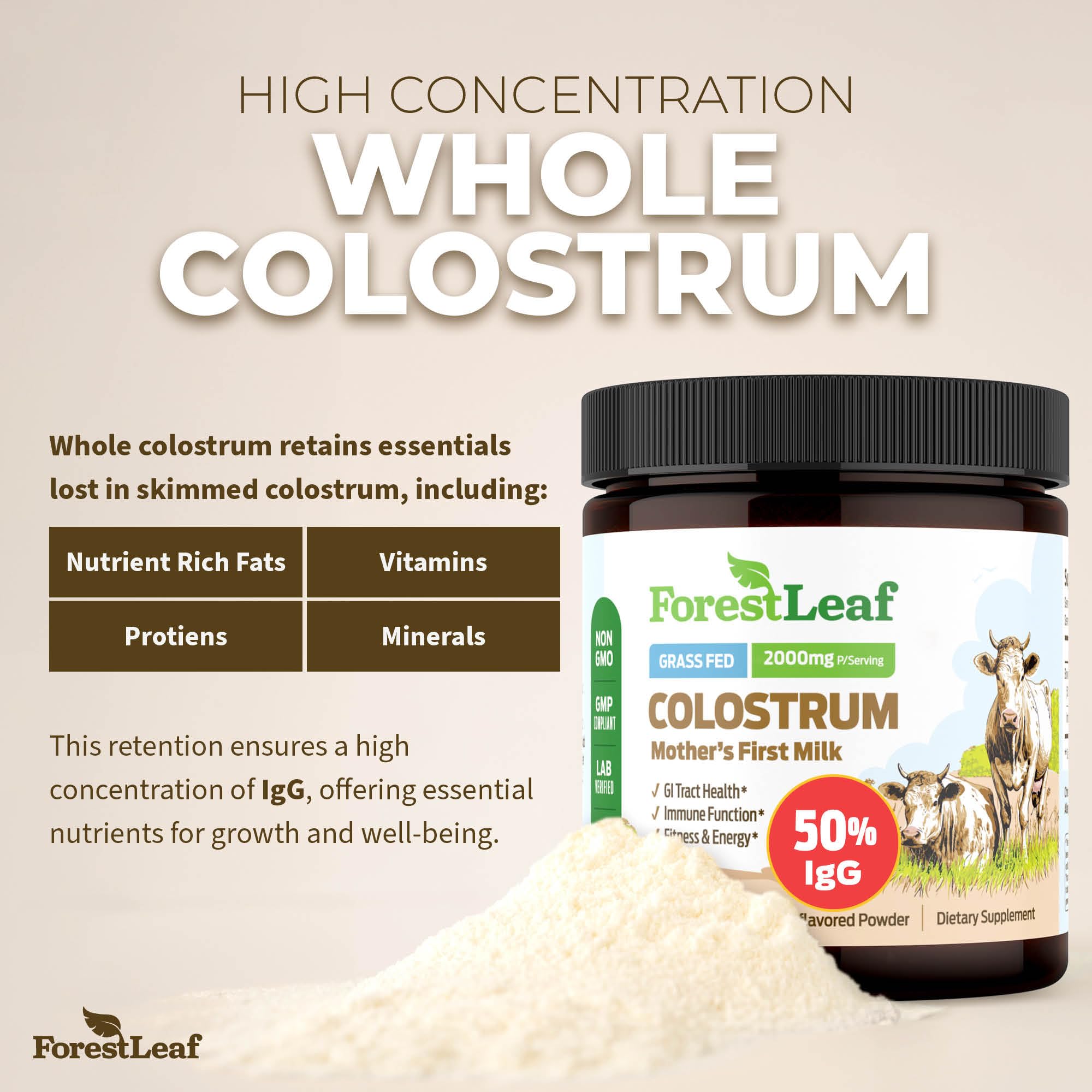 ForestLeaf Colostrum Powder 50% IgG Highest Pure Concentration, Grass Fed Colostrum Supplement for Gut Health, Immune Support and Muscle Recovery, Bovine Colostrum for Humans, Unflavored, 45 Servings ForestLeafAu supplements