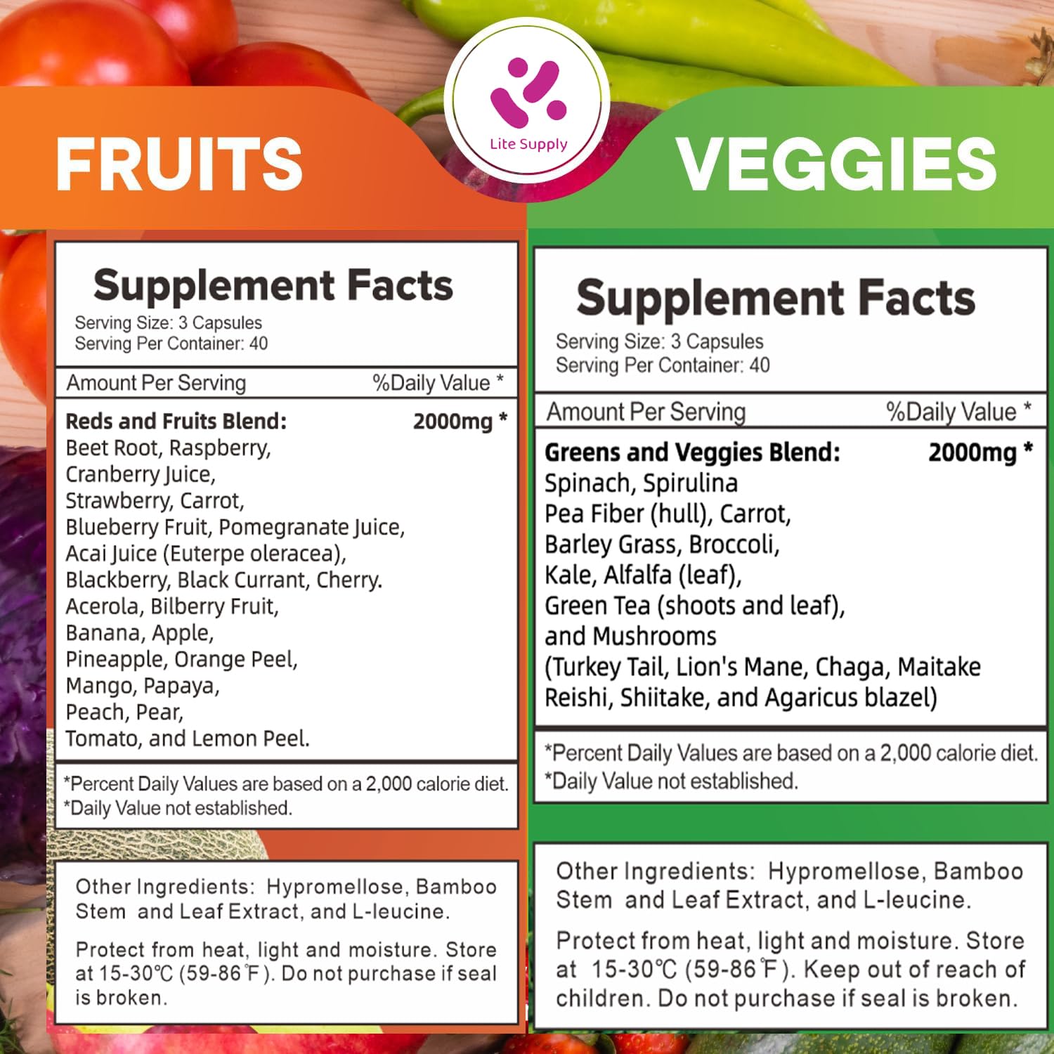 Lite Supply Fruits and Veggies Supplement 240 Caps - 120 Fruit and 120 Veggie Capsules - Whole Food & Natural Superfood Filled with Vitamins & Minerals for Women, Men Supports Energy Levels Lite SupplyAu supplements
