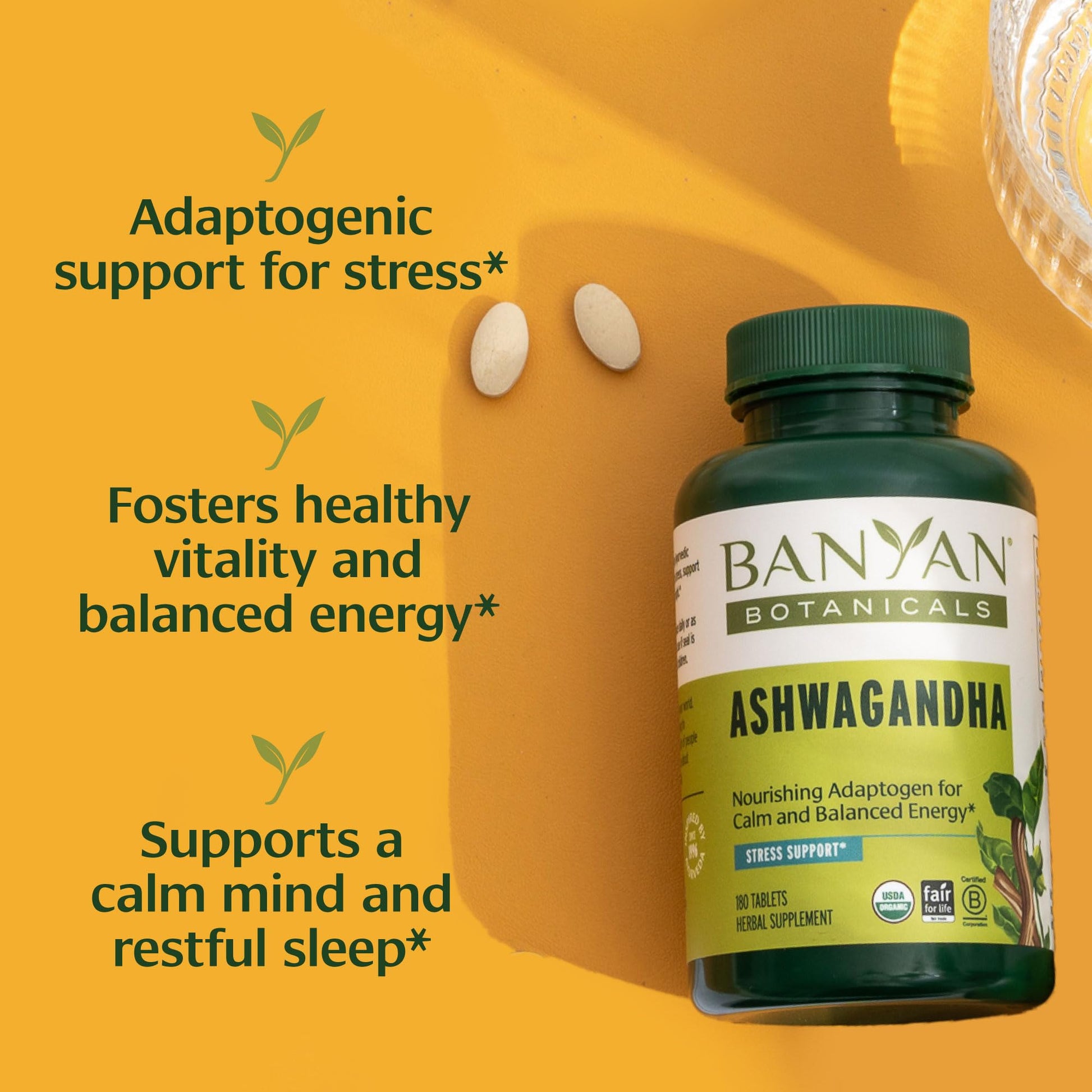 Banyan Botanicals Organic Ashwagandha - 1000mg per Serving - Cortisol Manager & Stress Relief Supplement - Adrenal Support for Mood, Restful Sleep & Muscle Recovery - 180 Tablets - Non-GMO, Vegan* Banyan BotanicalsAu supplements