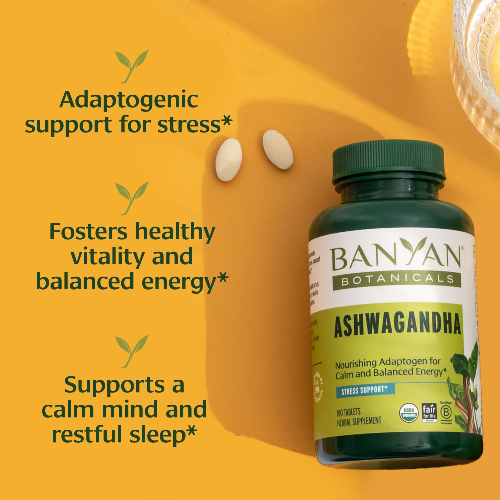 Banyan Botanicals Organic Ashwagandha - 1000mg per Serving - Cortisol Manager & Stress Relief Supplement - Adrenal Support for Mood, Restful Sleep & Muscle Recovery - 180 Tablets - Non-GMO, Vegan* Banyan BotanicalsAu supplements