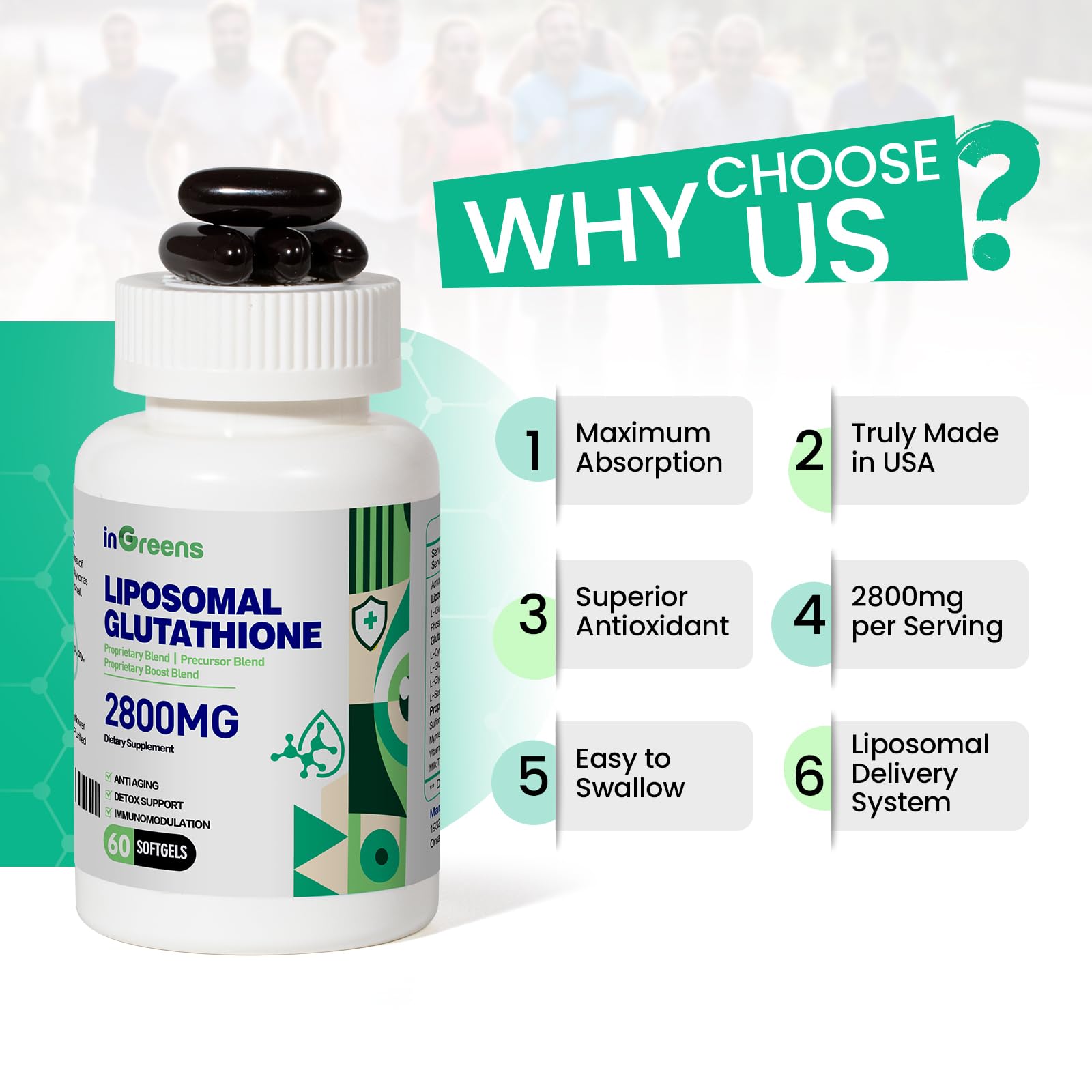 inGreens 2800 MG Liposomal Glutathione Supplement, Detoxifying & Immune, Aging Defense, Energy, Glutathione Unique Formulation Reduced inGreensAu supplements