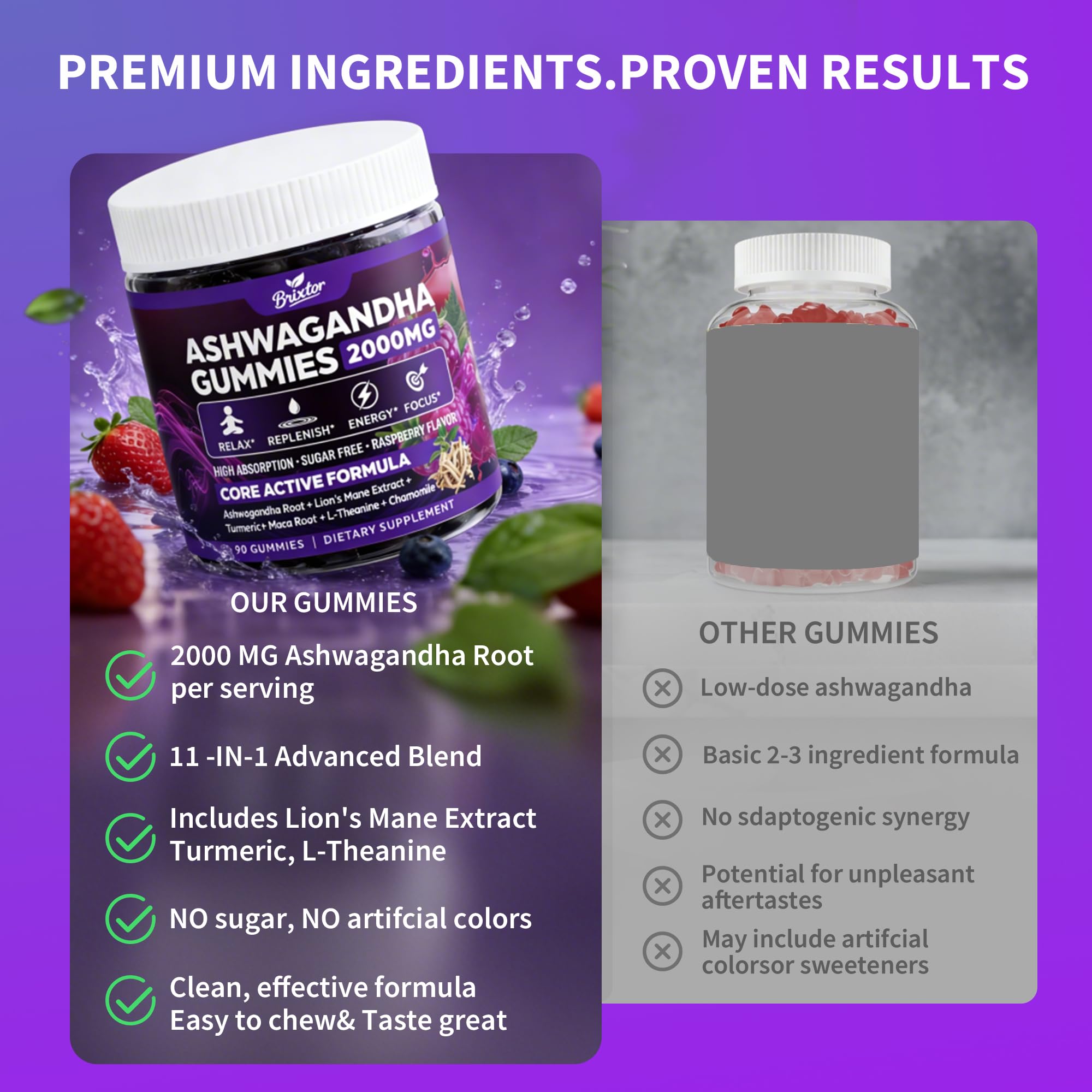 Ashwagandha Gummies - 2000MG Organic Ashwagandha & Lions Mane Gummies for Adults with Vitamin D3 B12, L-Theanine, Cortisol Supplements for Women & Men, Sugar-Free, Vegan, Berry Flavor - 90 Counts BrixxlorAu supplements