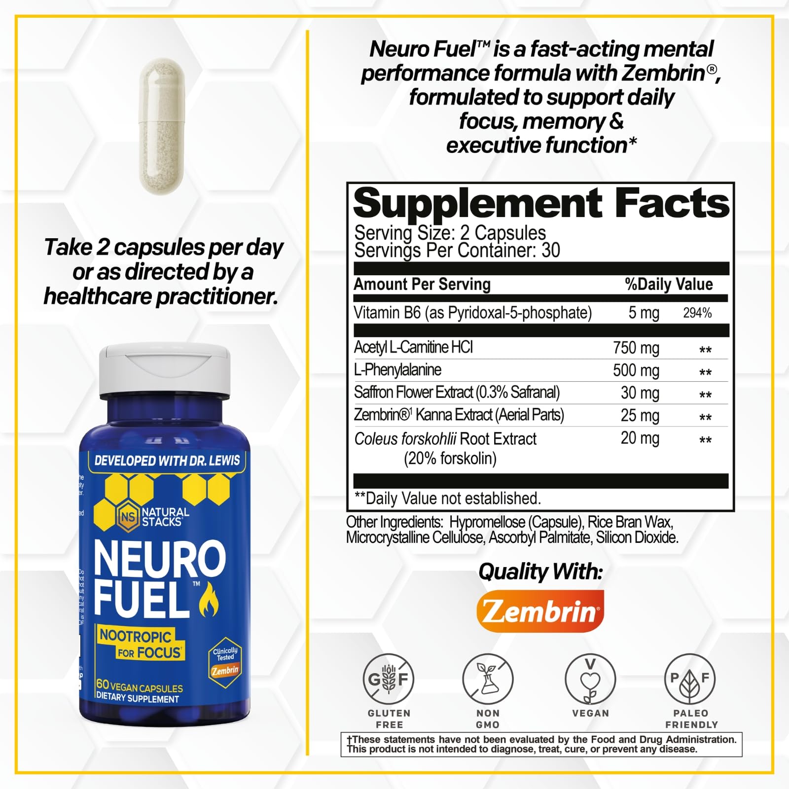 NATURAL STACKS NeuroFuel Nootropic with Zembrin - Doctor Developed Memory & Focus Supplement - Kanna Extract Sceletium Tortuosum - Nootropic Brain Supplement for Focus - 60 Zembrin Capsules NATURAL STACKSAu supplements