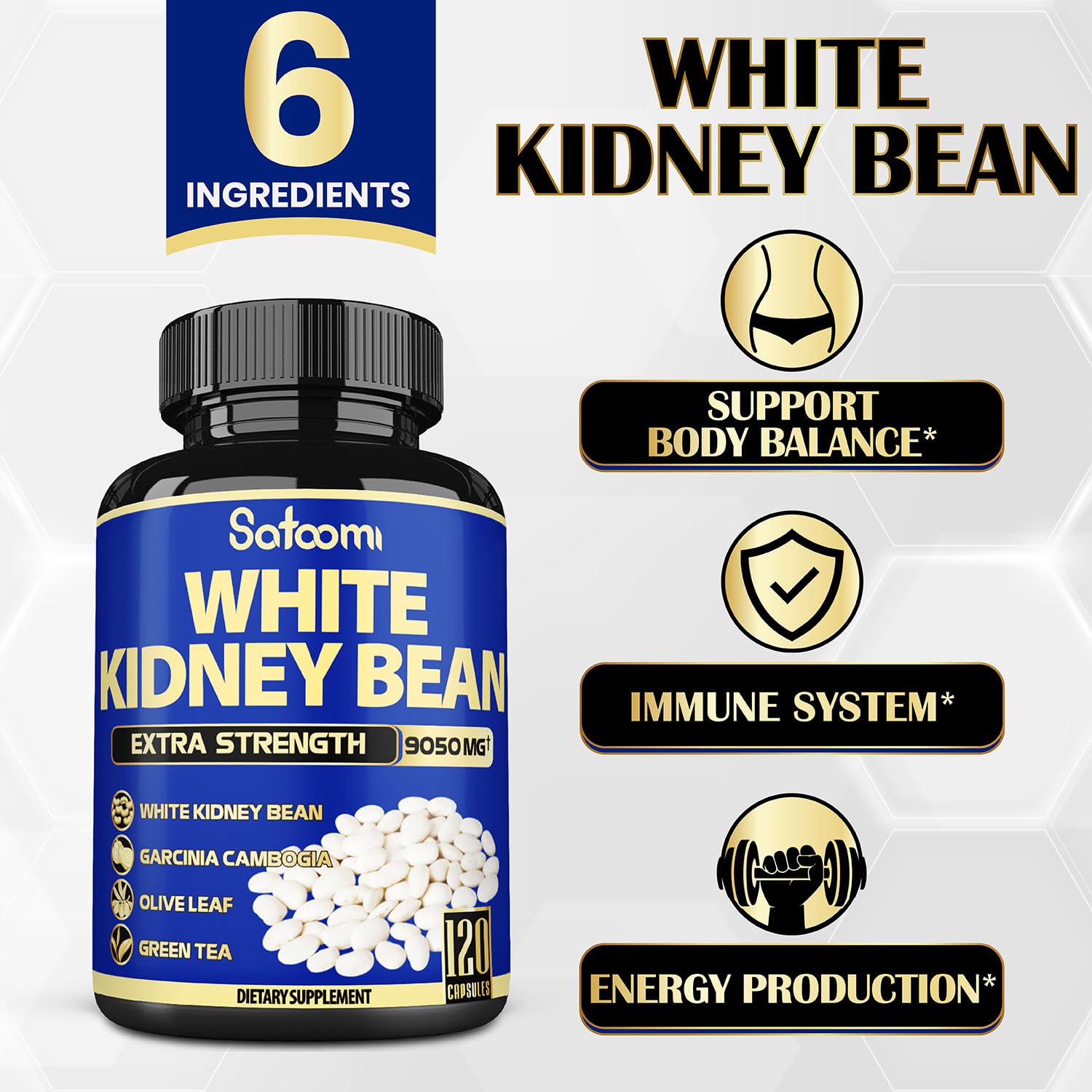 6in1 White Kidney Bean Extract Capsules 9050 Mg - with Garcinia Cambogia, Olive Leaf SatoomiUS supplements