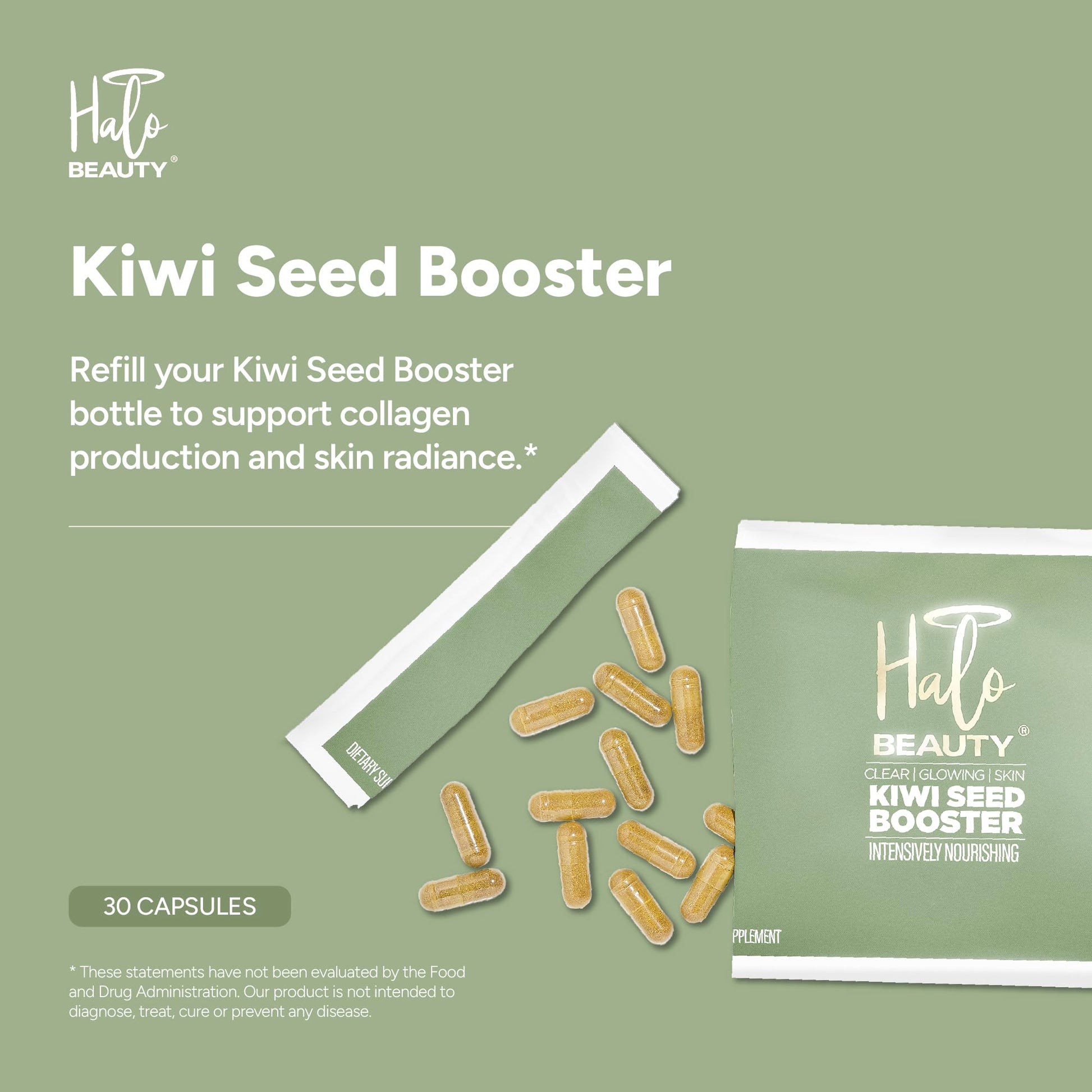 Halo Beauty Kiwi Seed Booster Skin Supplement Refill Pack | Anti-Aging Hydration & Glowing Skin Support with Kiwi Seed, Vitamin C, D3 & Zinc | Vegan Collagen Support Capsules | 1-Month Supply Halo BeautyAu supplements