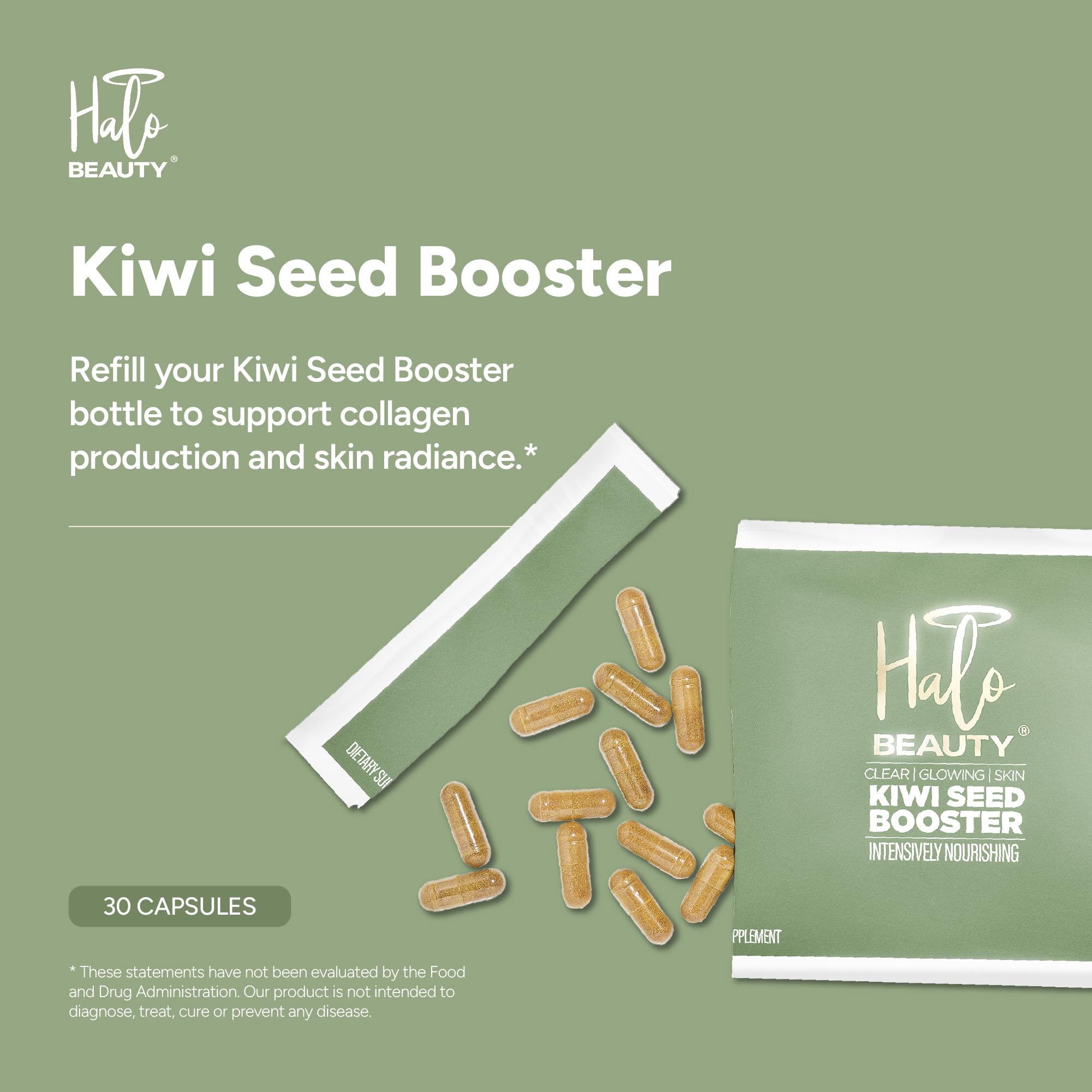 Halo Beauty Kiwi Seed Booster Skin Supplement Refill Pack | Anti-Aging Hydration & Glowing Skin Support with Kiwi Seed, Vitamin C, D3 & Zinc | Vegan Collagen Support Capsules | 1-Month Supply Halo BeautyAu supplements