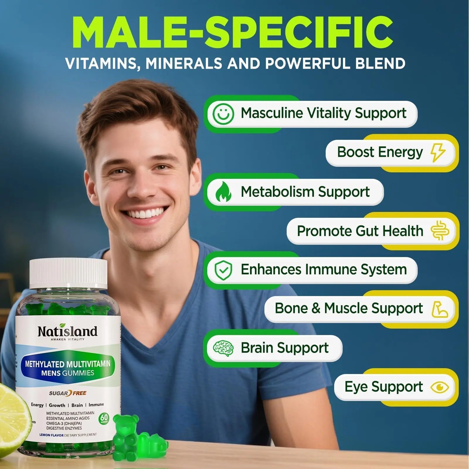 Methylated Multivitamin for Men Gummies, Men`s Multivitamins Gummies with Vitamin B Complex, A, C ,D3, E, K2, Calcium, Magnesium, Omega-3 NATISLANDAu supplements