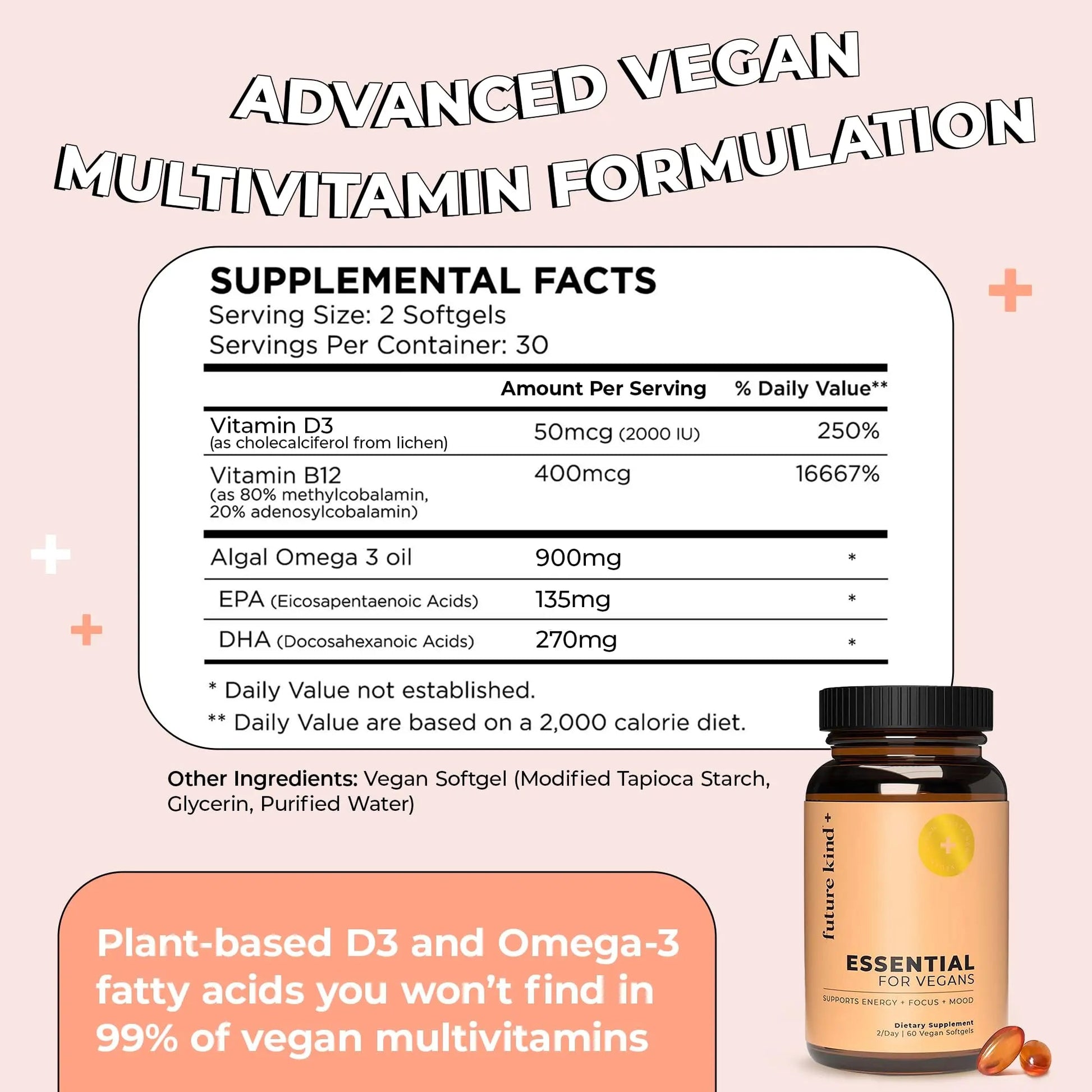 Future Kind Vegan Multivitamins - Glass Bottle & Made for Vegans with Omega 3 DHA, EPA, Vitamin B12 & D3 for Energy, Focus, & Mood (60 Softgels) Future KindAu supplements