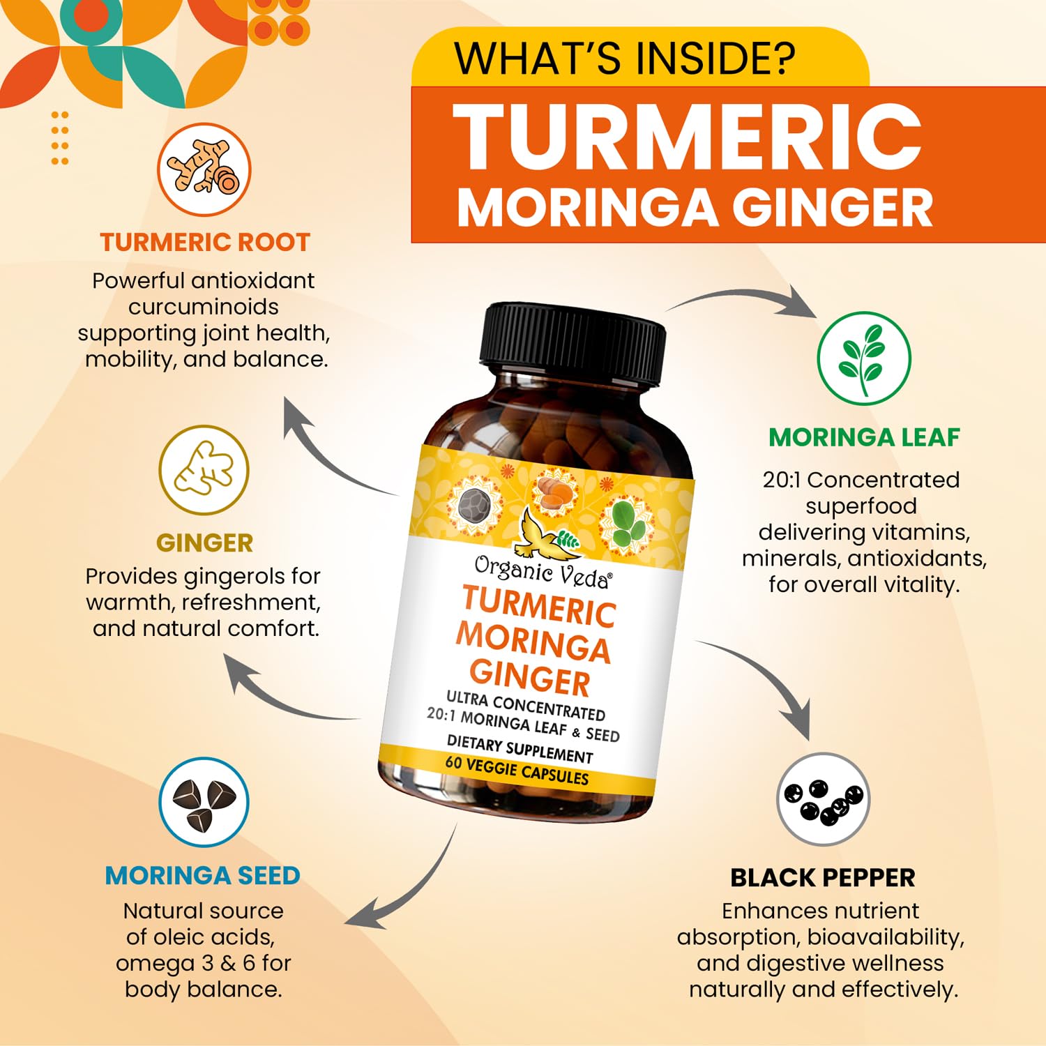 Organic Veda Turmeric Moringa Ginger Capsules - Super Antioxidants & Curcumin Supplement with 20:1 Moringa Leaf & Seed Extract, Black Pepper - Energy, Joints, Heart Health Support - 60 Vegan Pills Organic VedaAu supplements