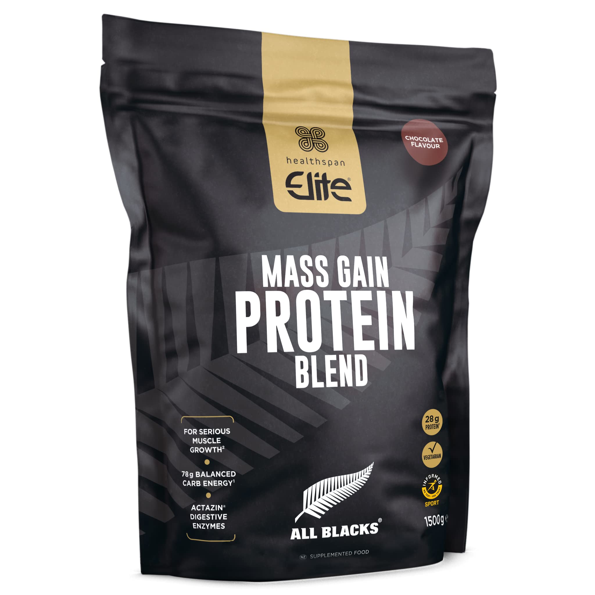 Healthspan Elite All Blacks Mass Gain Protein Blend (1500g) | Chocolate | 28g of Protein Healthspan EliteAu supplements