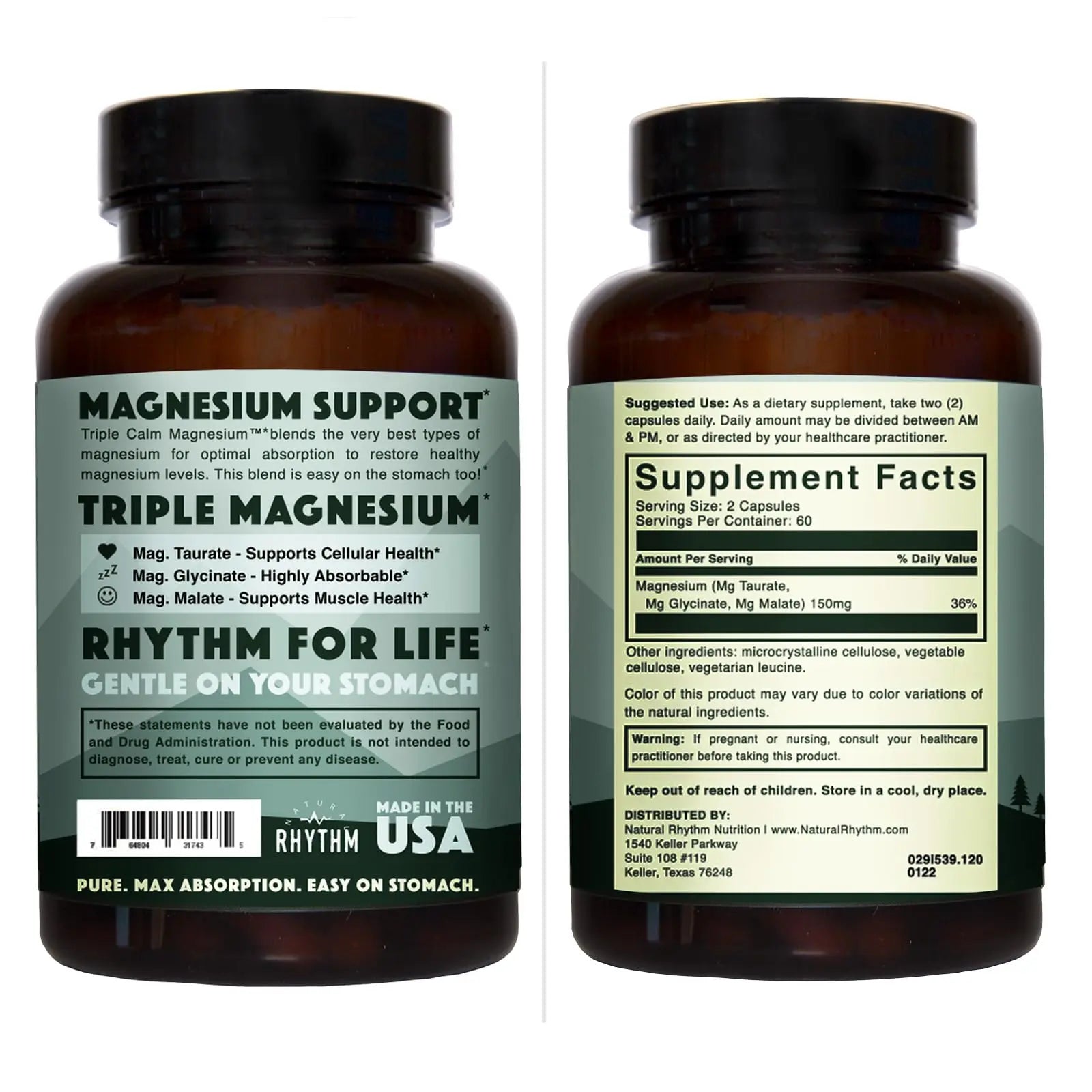 Natural Rhythm Triple Calm Magnesium Complex - 120 Capsules, Chelated Magnesium Glycinate, Taurate & Malate, High Absorption Supplement for Sleep, Stress, Muscle & Heart Support, Non-GMO, Vegan Natural Rhythmnz supplements