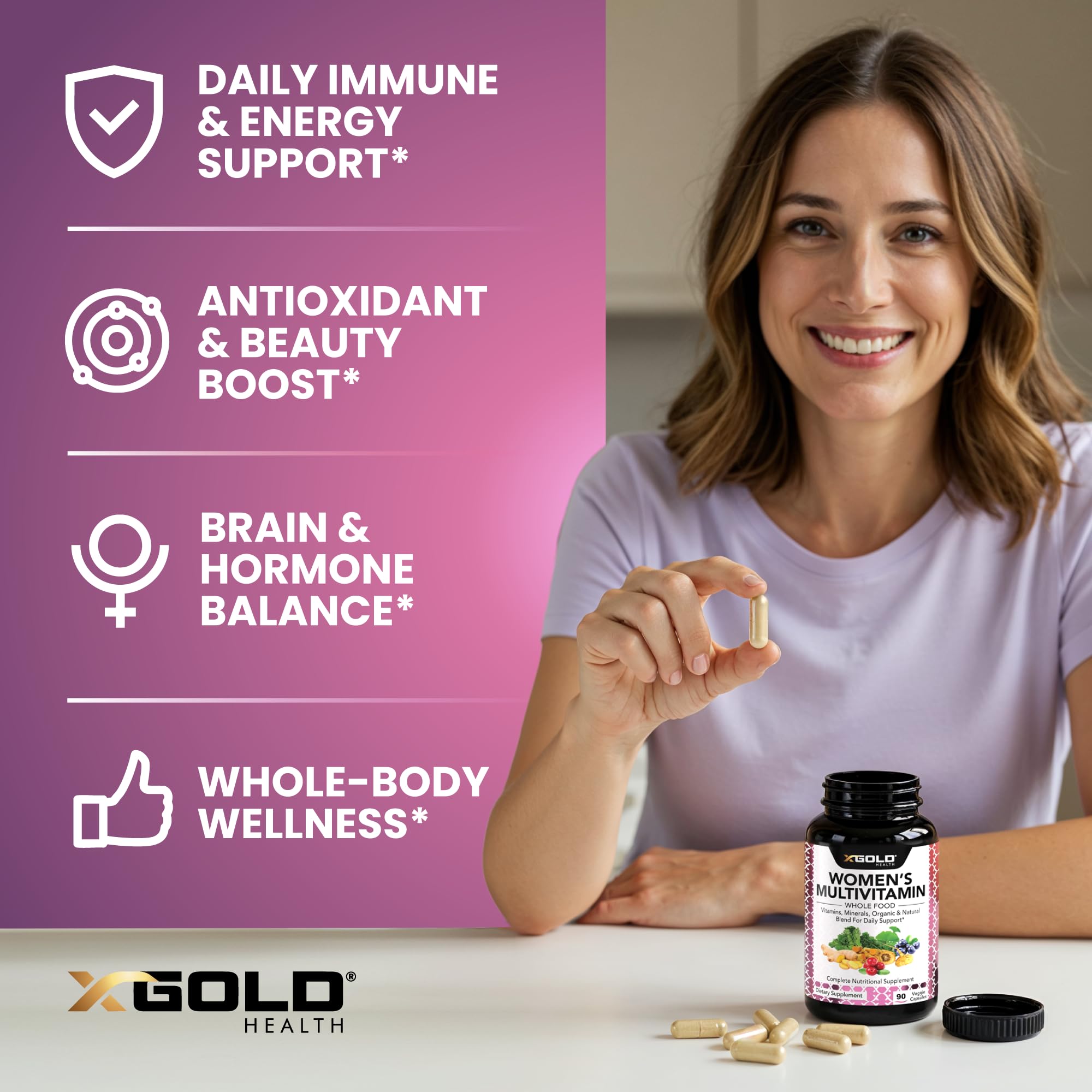 Vegan Women's Daily Multivitamin 50 Plus with Organic WholeFood Based Natural Ingredients, Ginger, Maca, Multi-Vitamin B Complex & More X Gold HealthUS supplements