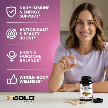Vegan Women's Daily Multivitamin 50 Plus with Organic WholeFood Based Natural Ingredients, Ginger, Maca, Multi-Vitamin B Complex & More X Gold HealthUS supplements