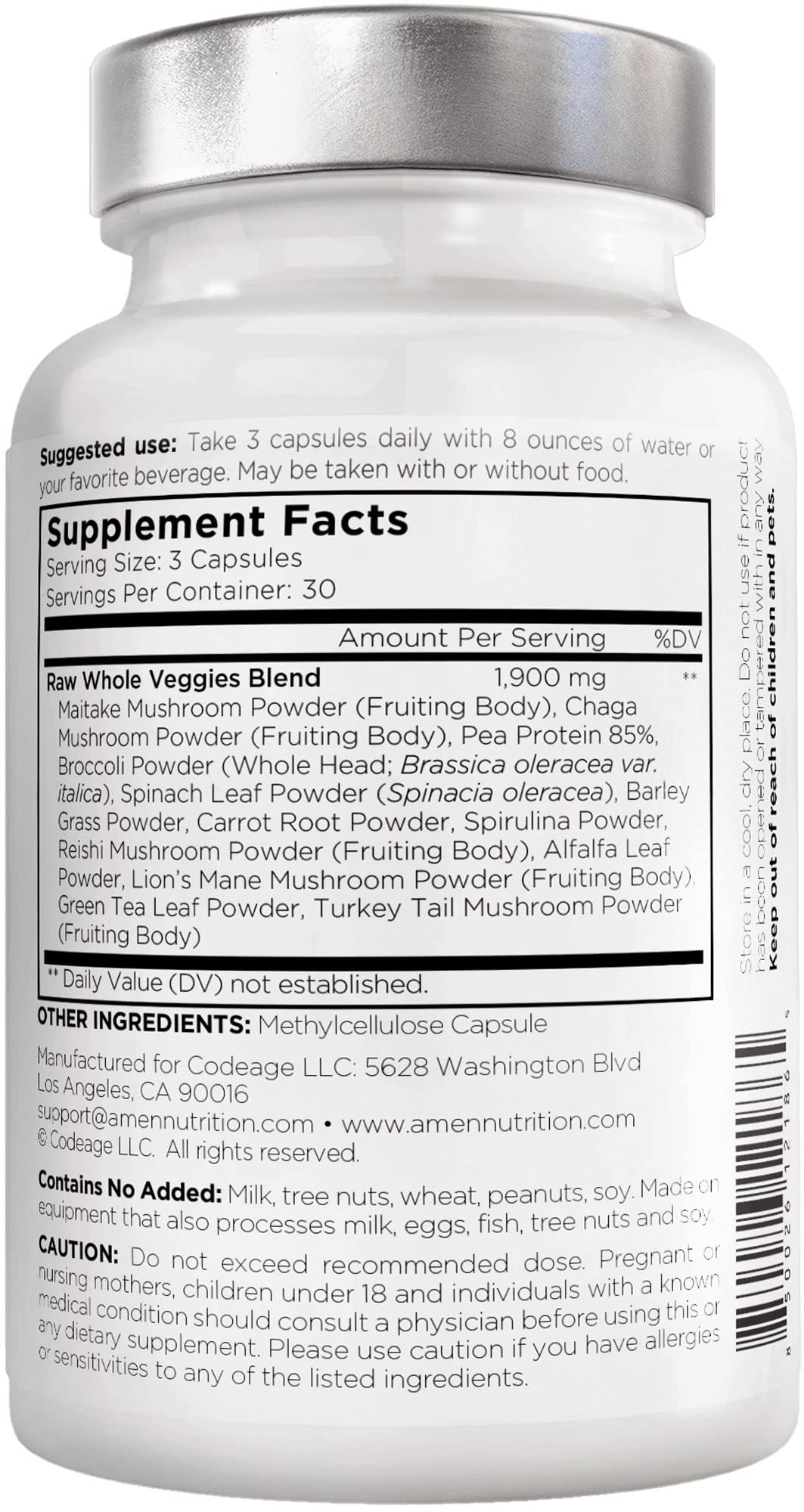 Amen Veggies, Daily Veggies Vitamins Supplement, Vegetables Vegan Blend & Whole-Food Raw Greens Multivitamin Capsules, Mushroom Complex, Superfood, Minerals, Green Vegetable Nutrients, Non-GMO, 90 ct AmenAu supplements
