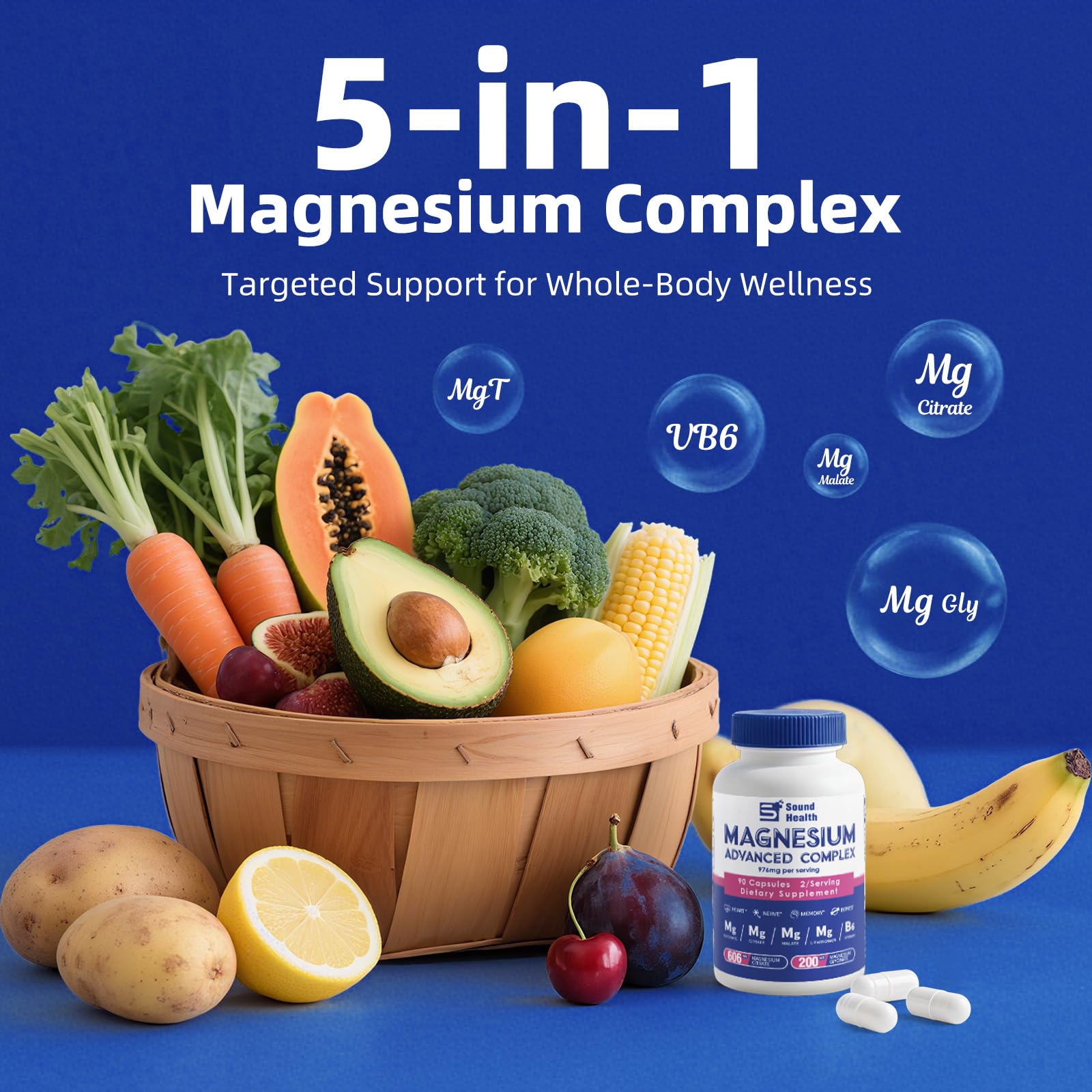 5 in 1 Magnesium Complex Capsule 976mg wtih Magnesium Glycinate, Citrate, Malate, L-Threonate & Vitamin B6, High Absorption Magnesium Complex for Women & Men, Third-Party Tested, Vegan, Non-GMO Sound Health PlusAu supplements