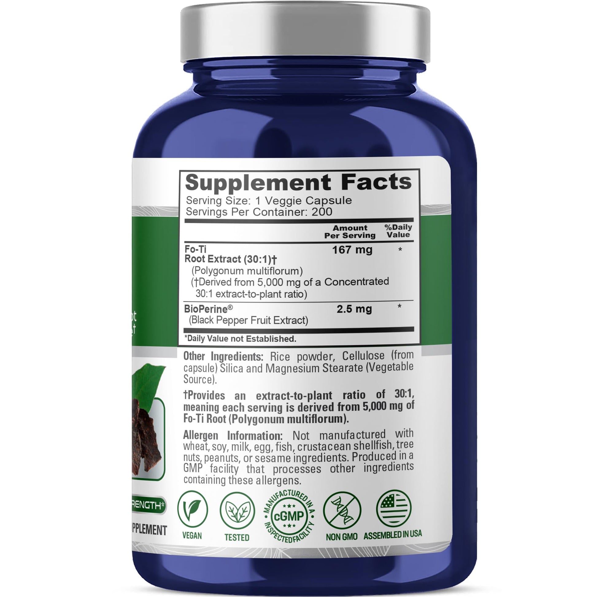 NusaPure Fo-Ti 30:1 Extract, 167 mg Equivalent to 5000mg per Veg Caps, 200 Count, Non-GMO, Vegan, Bioperine NusaPureAu supplements