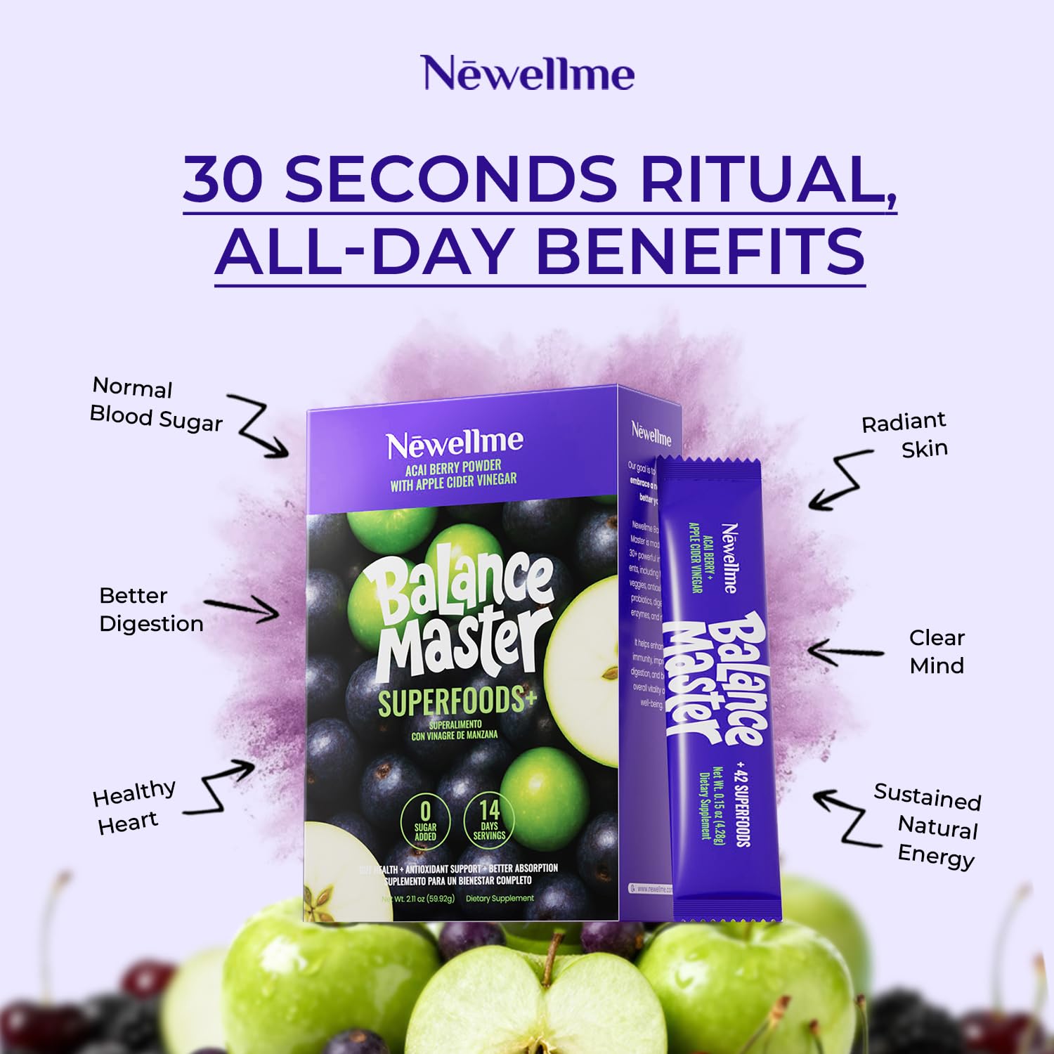NEWELLME Balance Master Acai Apple Cider Vinegar Powder, Healthy Blood Sugar Support, Probiotics & Digestive Enzymes for Metabolic Support, Vegan Non-GMO, 14 Servings NEWELLMEAu supplements