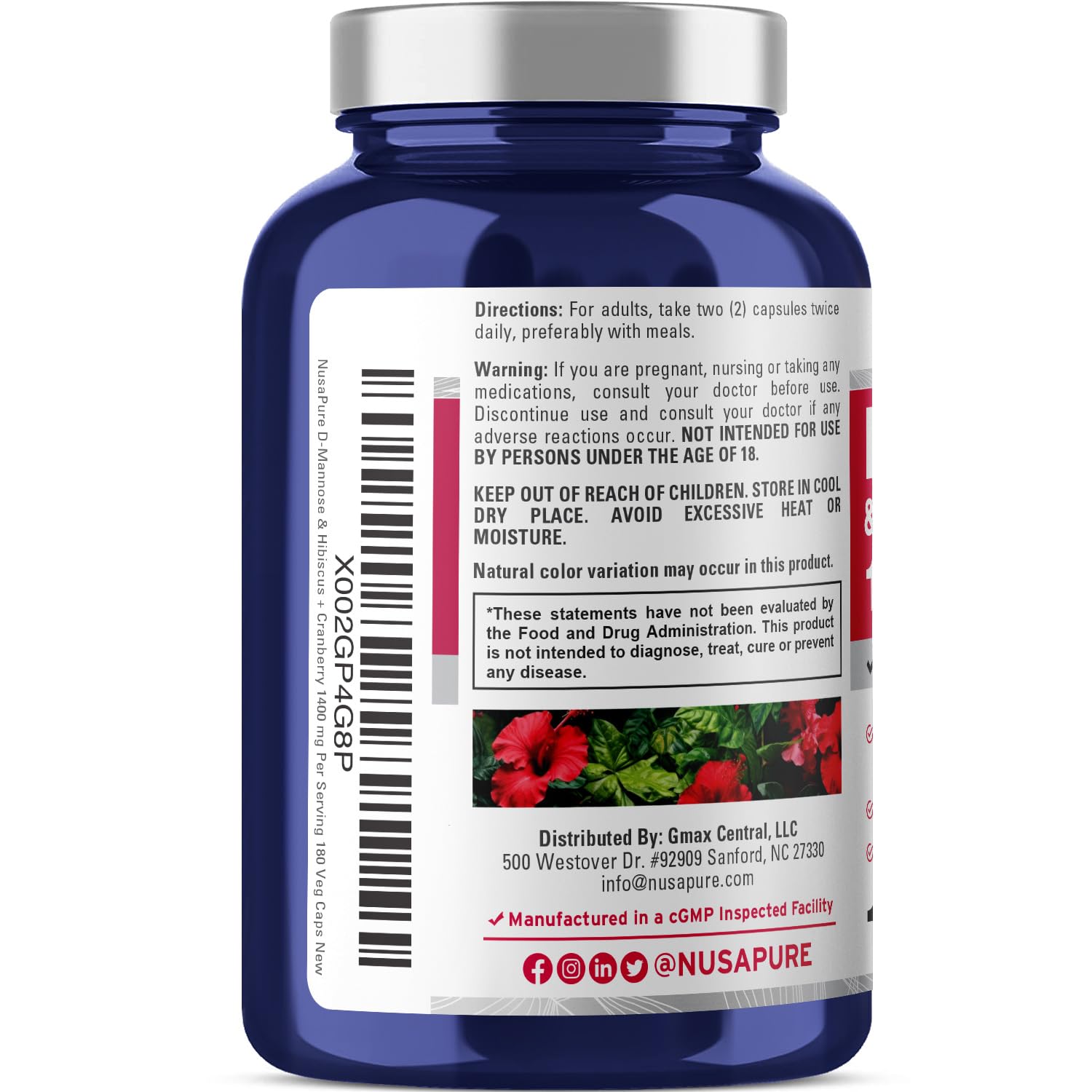 NusaPure D-Mannose Complex 1400 mg (with Hibiscus and Cranberry) - 180 Veggie Caps Non-GMO & Vegan NusaPureAu supplements