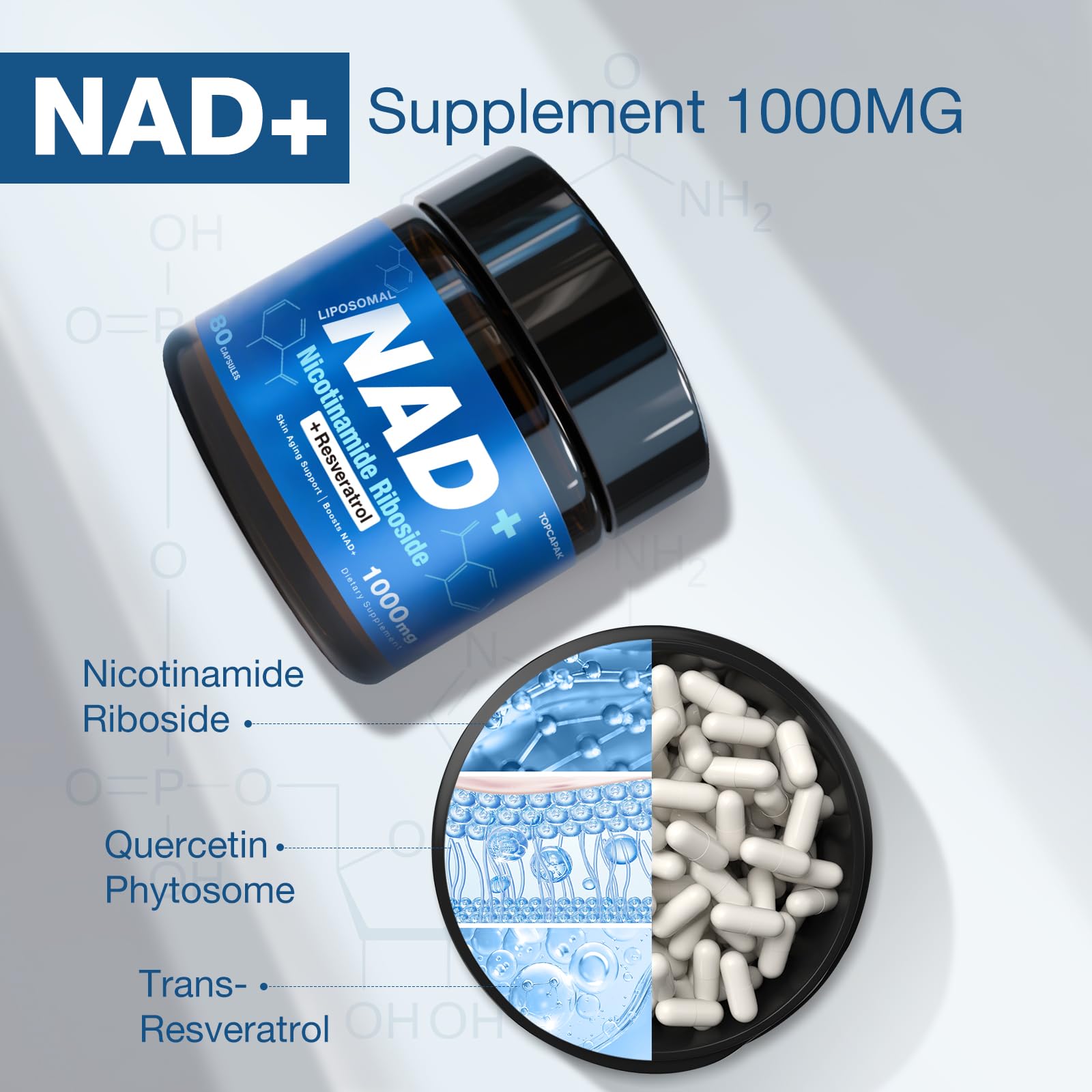 TOPCAPAK NAD+ Supplement - NAD Nicotinamide Riboside Resveratrol, Liposomal NAD+ Supplement 1000mg for for Women & Men - Healthy Aging, Brain and Cellular Energy, Non-GMO, 80 Capsules TOPCAPAKAu supplements