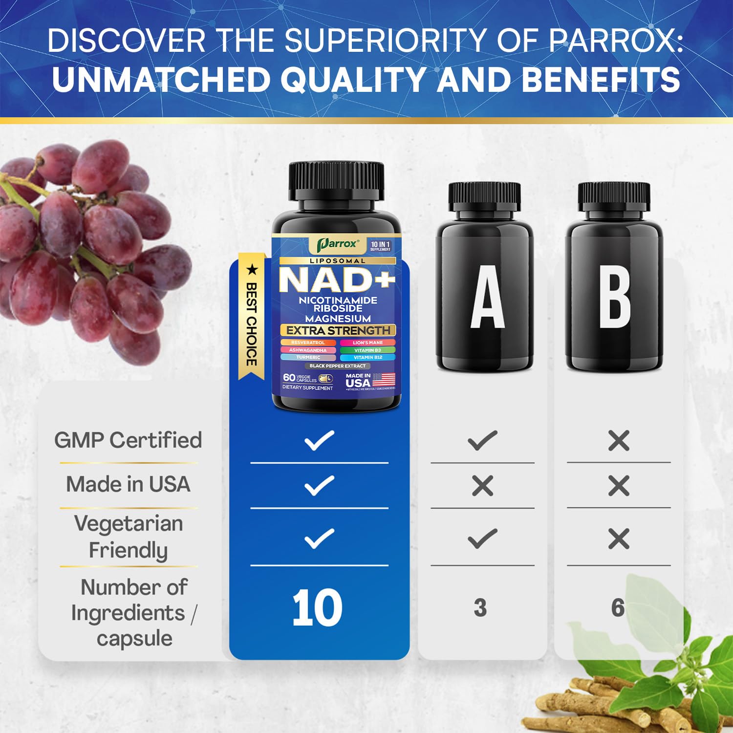 Parrox NAD+ Supplement with Liposomal NAD+, Nicotinamide Riboside, Magnesium, Vitamin B3 & B12, Resveratrol, Turmeric, Ashwagandha, Lion’s Mane,10-in-1 Extra Strength (2 Pack) ParroxAu supplements