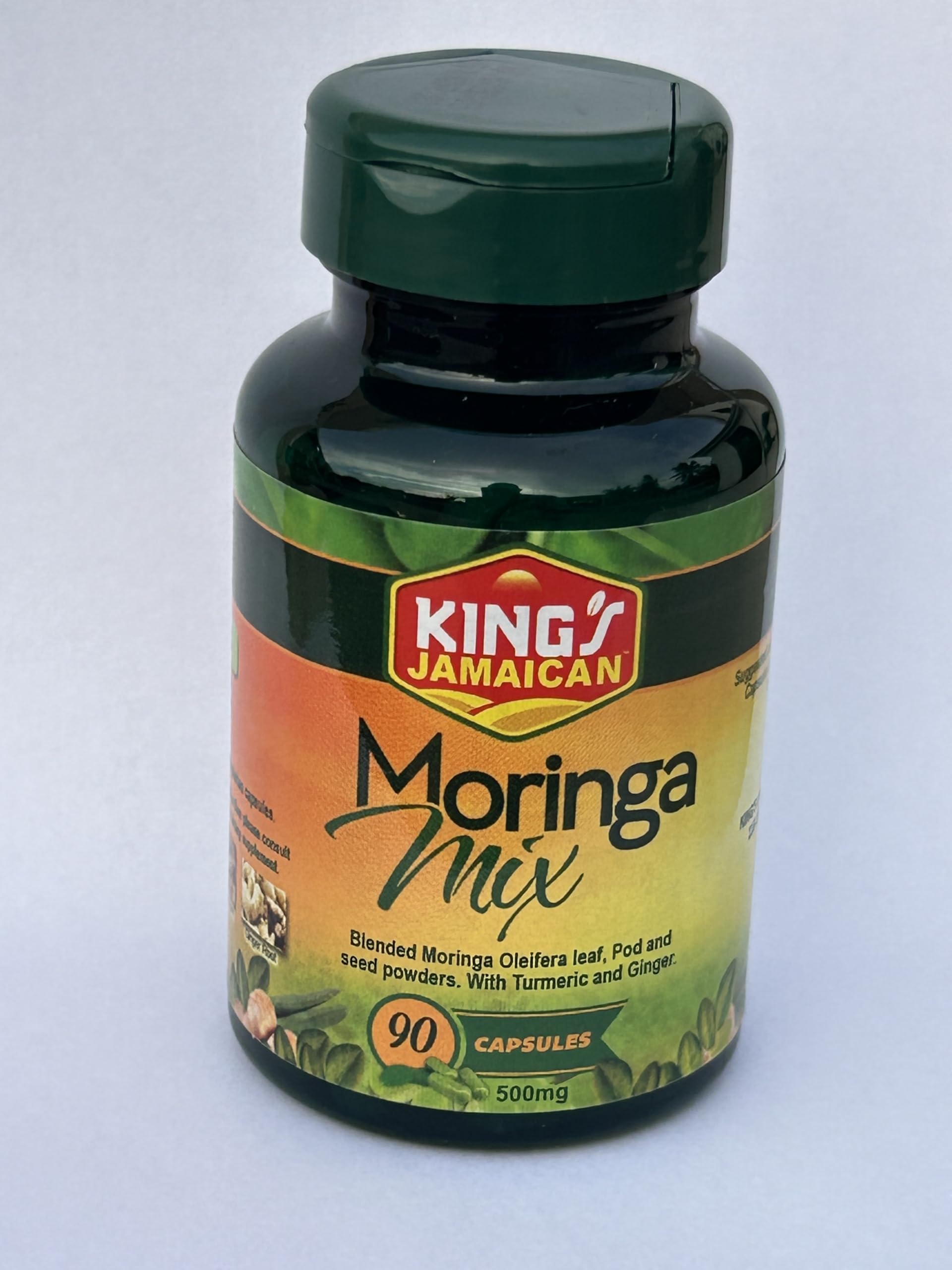 Jamaican Moringa Capsules – 100% Natural Ingredients – Made from Dried Moringa Leaves, Pods & Seeds – 90 Capsules, 500mg – with Turmeric & Ginger – Herbal Supplement, Nutrient-Rich – Easy to Swallow King's JamaicanAu supplements